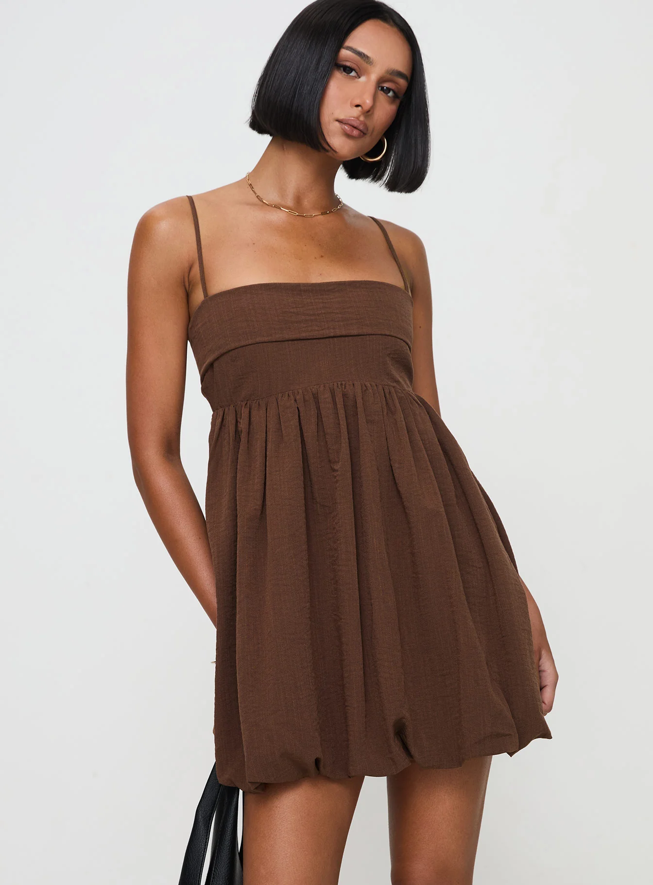 Layken Bubble Hem Mini Dress Chocolate - TREBLEV