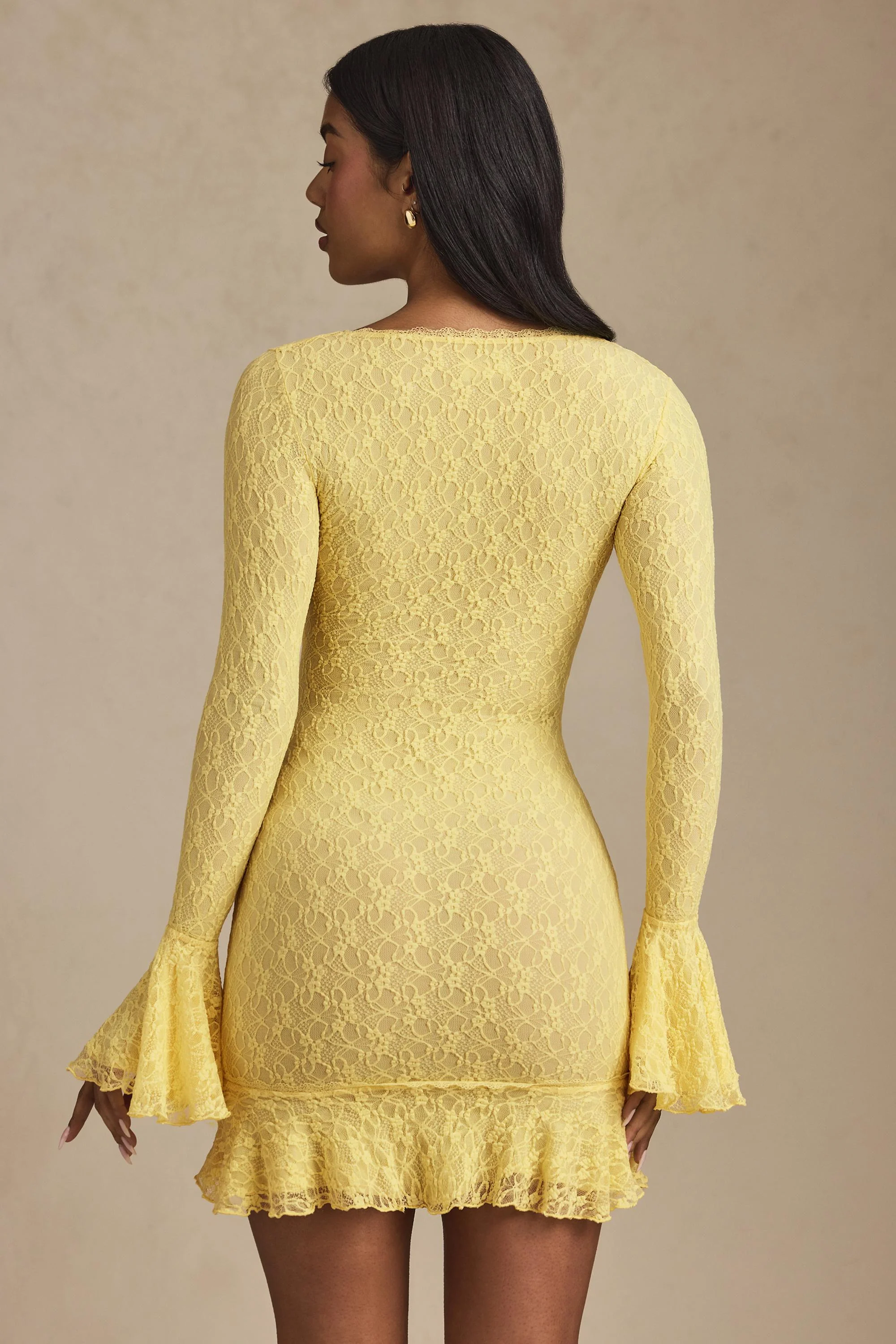 Long-Sleeve Ruffled Lace Mini Dress in Pastel Yellow - TREBLEV