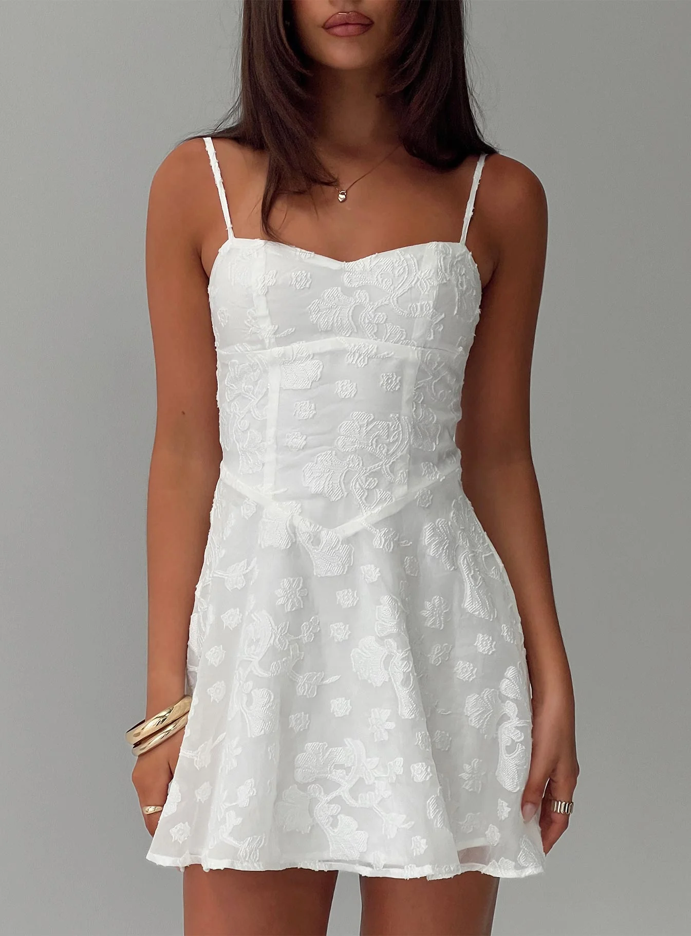 New Chapters Broderie Mini Dress White - TREBLEV