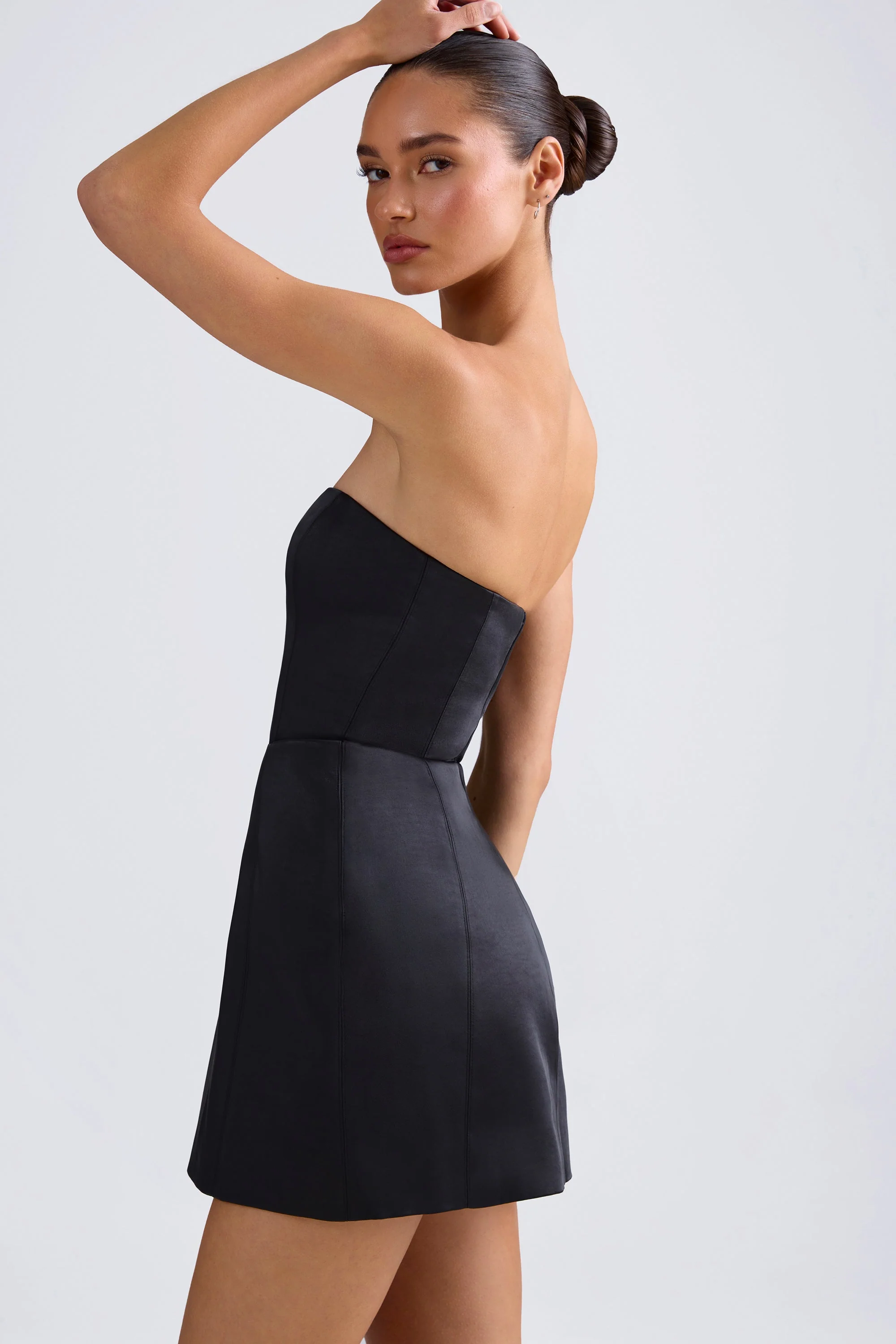 Bandeau Structured Tulip Mini Dress in Black - TREBLEV
