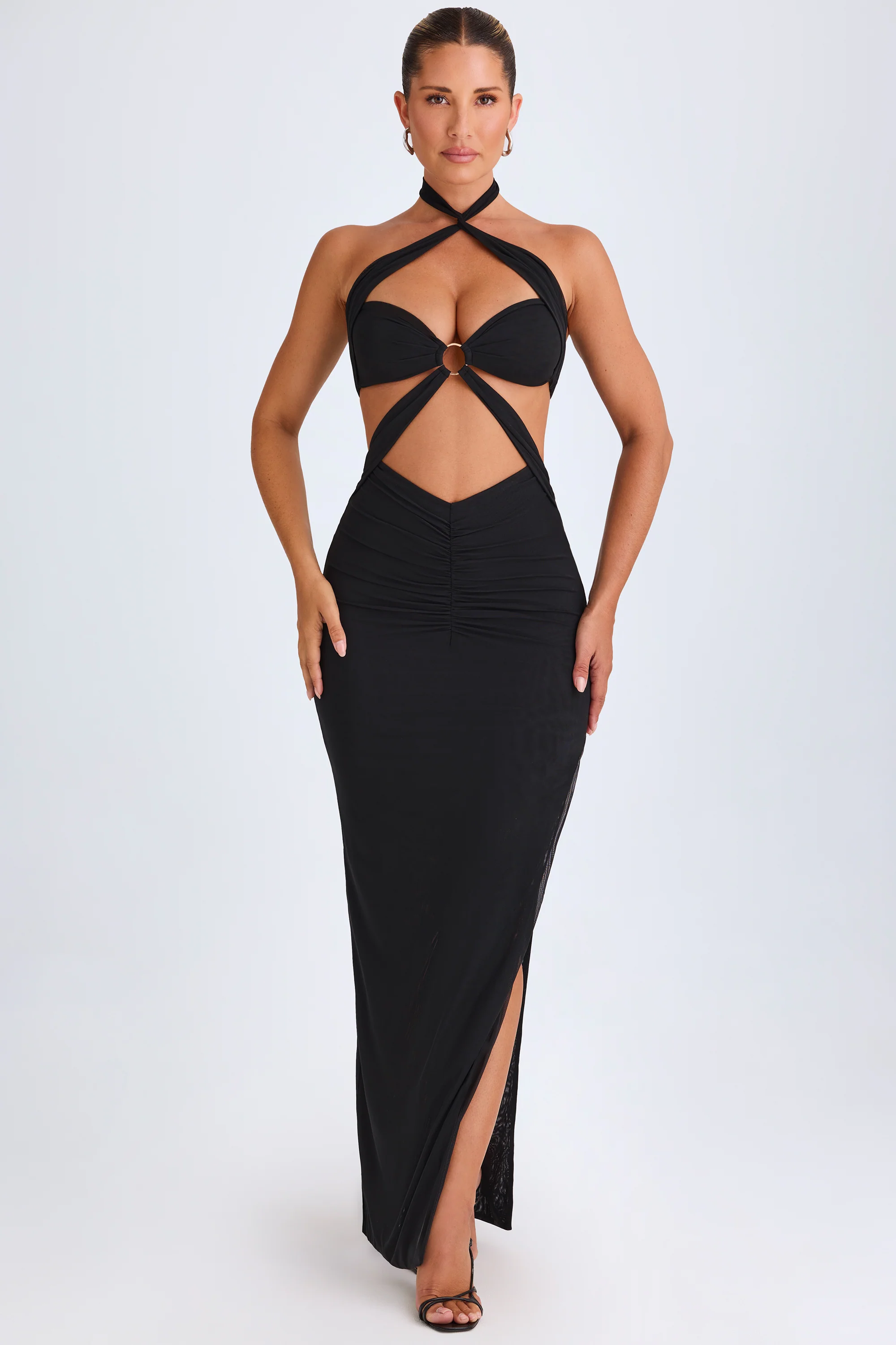 Hardware Detail Cut-Out Halterneck Maxi Dress in Black - TREBLEV