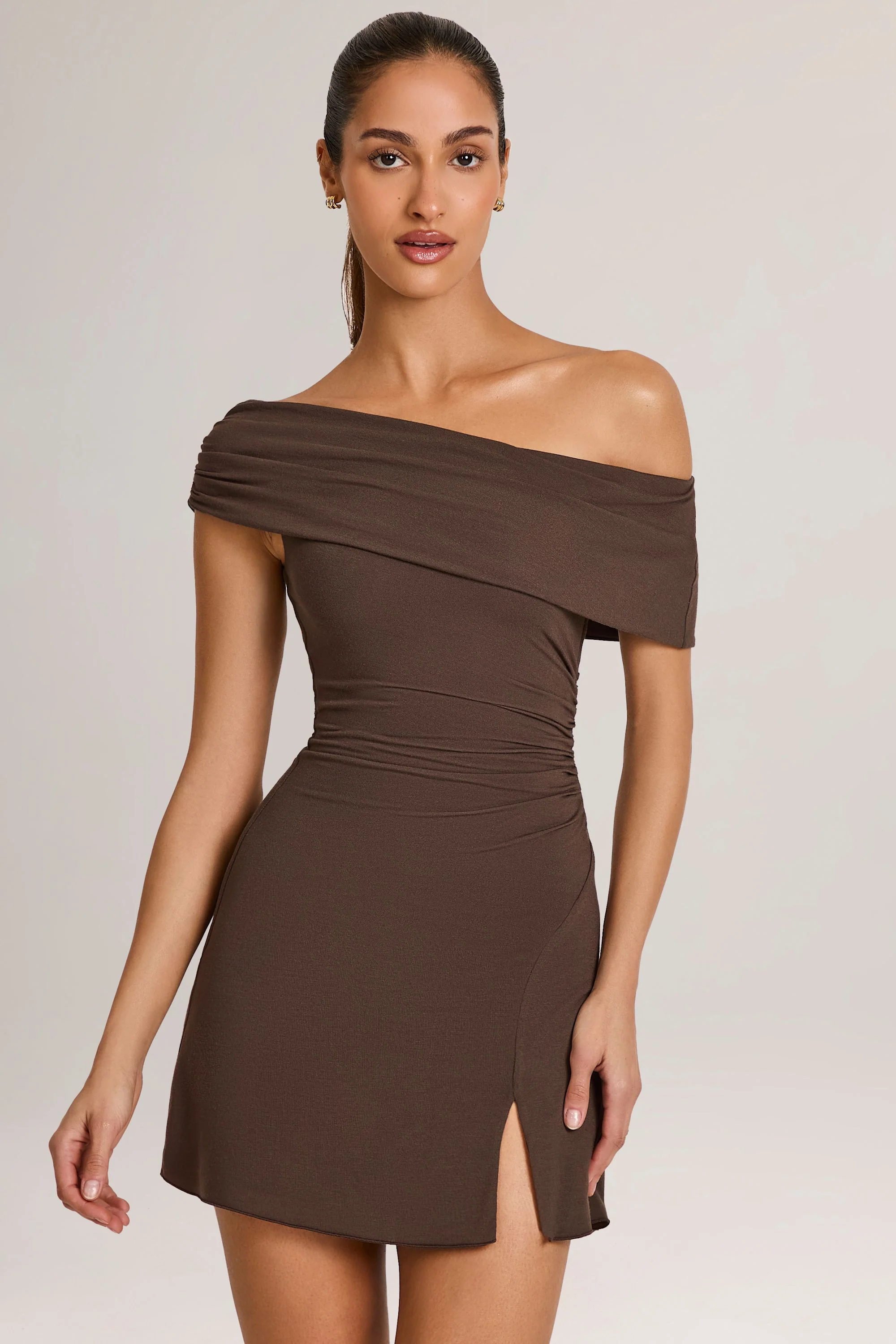 Modal Asymmetric A-Line Mini Dress in Chocolate Brown - TREBLEV