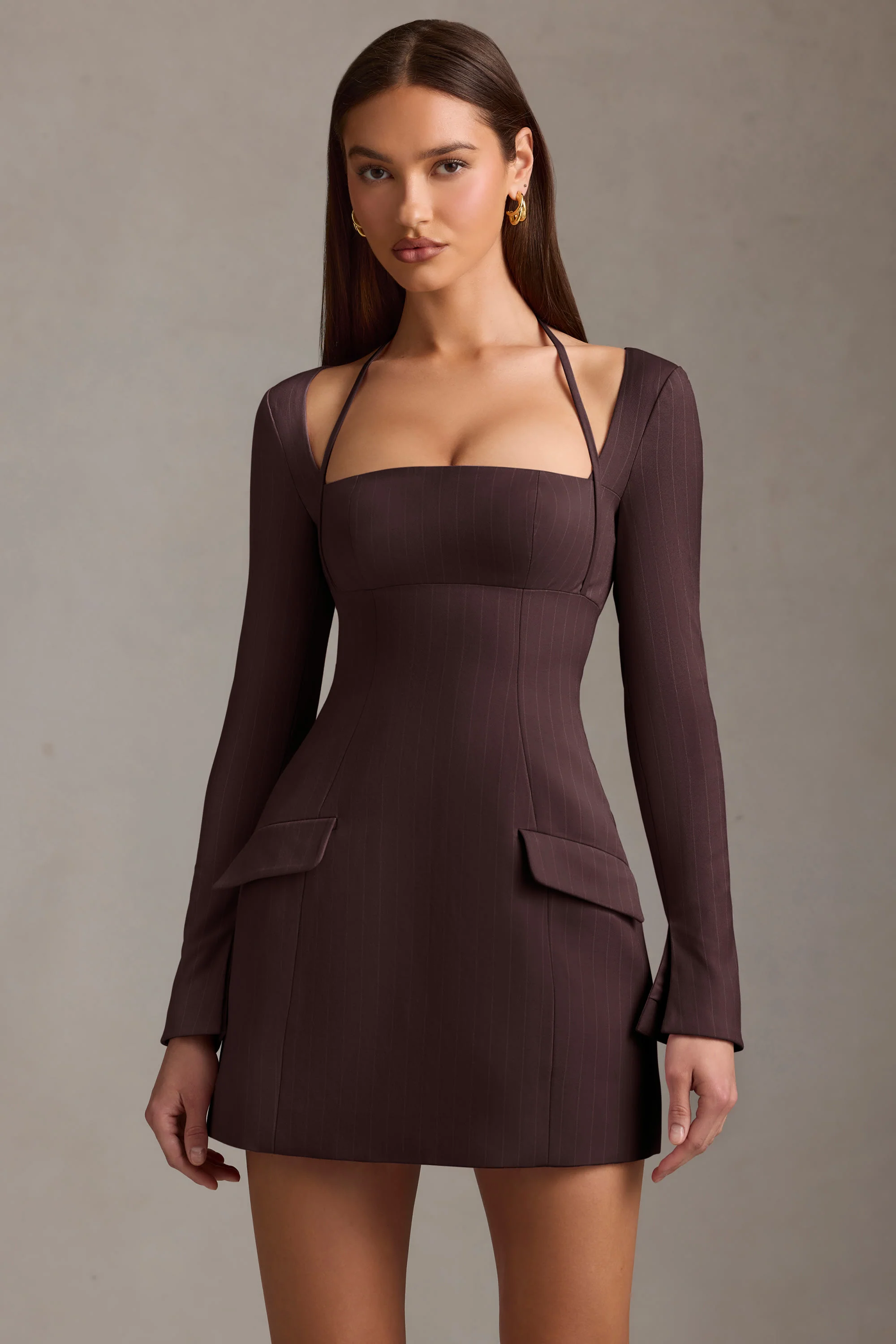 Pinstripe Structured A-Line Mini Dress in Chocolate Brown - TREBLEV