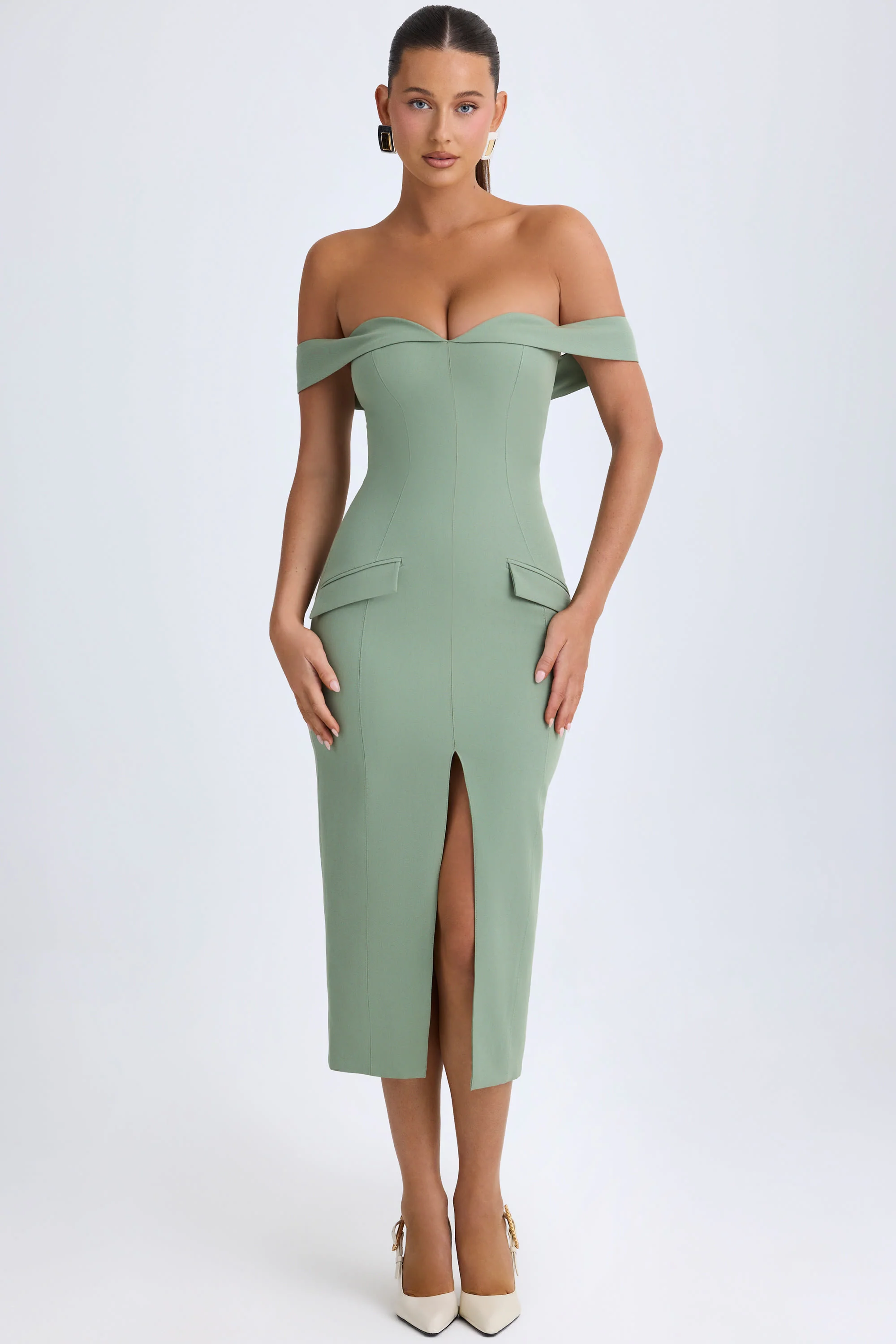 Off-Shoulder Midaxi Dress in Khaki Green - TREBLEV