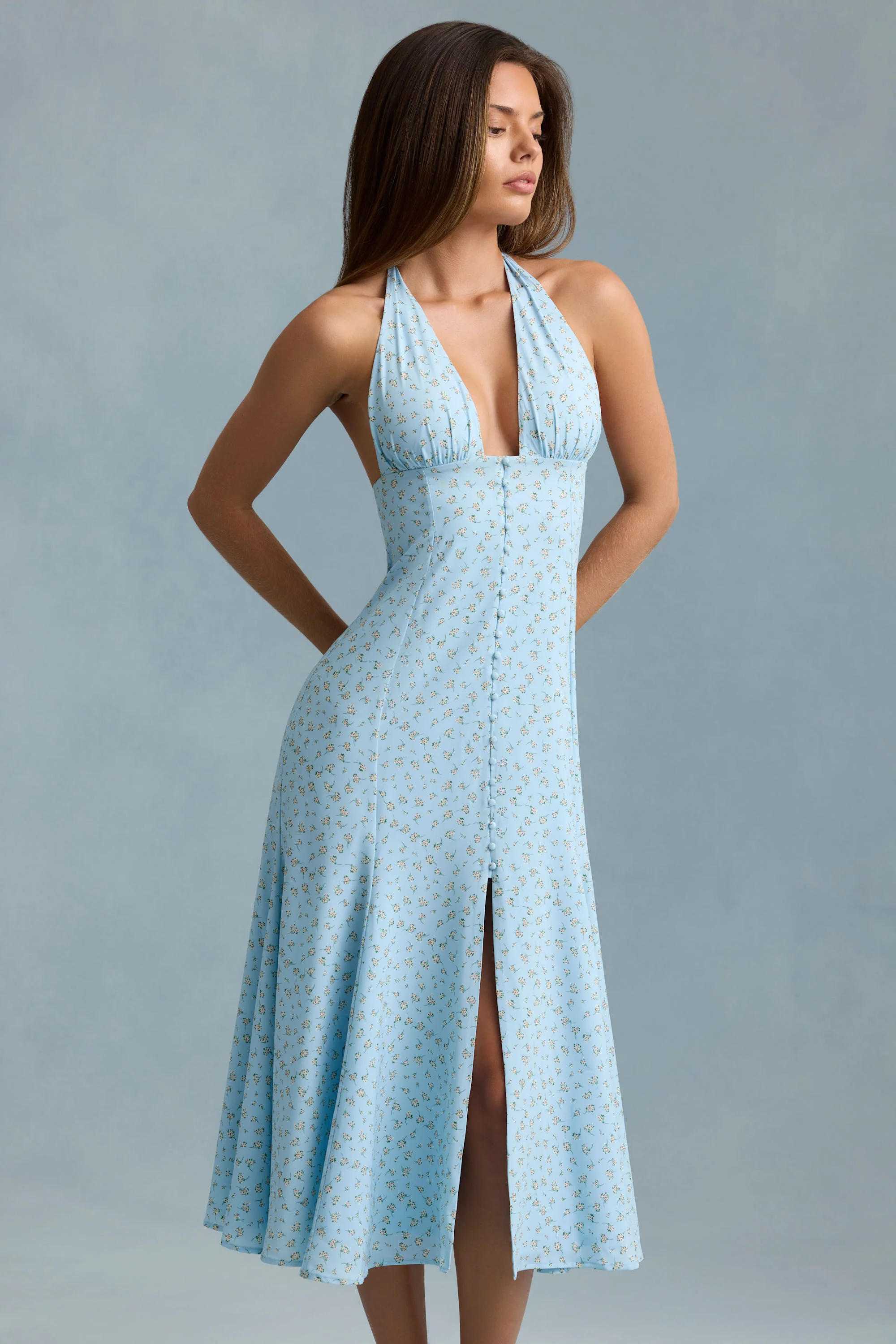 Halterneck Midaxi Dress in Blue Flower Print - TREBLEV