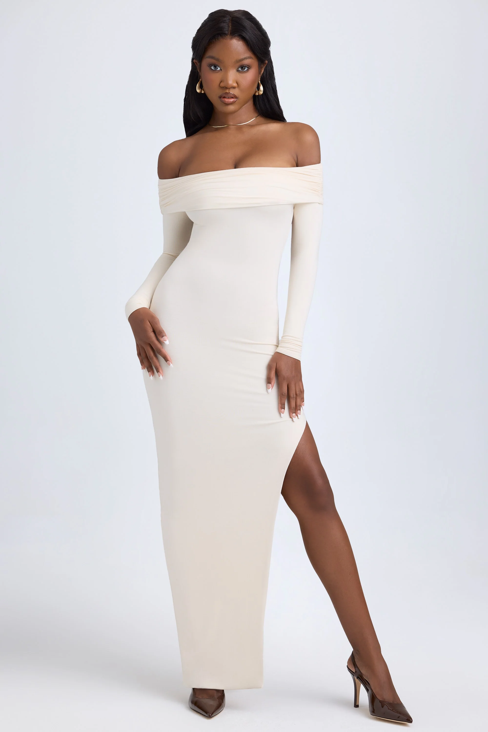 Modal Off-Shoulder Open-Back Maxi Dress in Ivory - TREBLEV