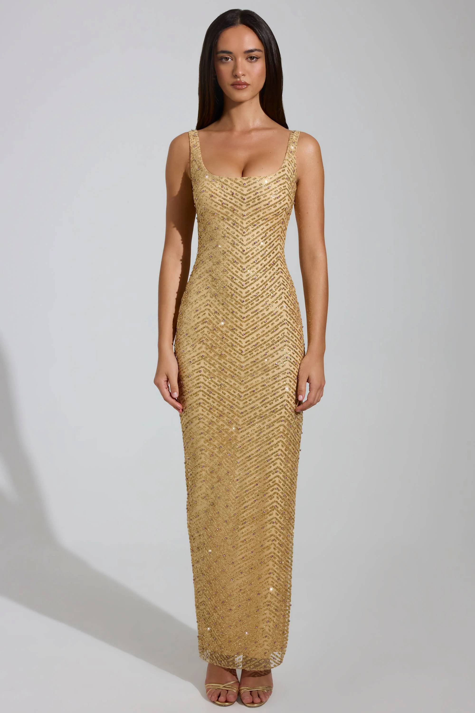 Embellished Scoop-Neck Maxi Dress in Gold - TREBLEV