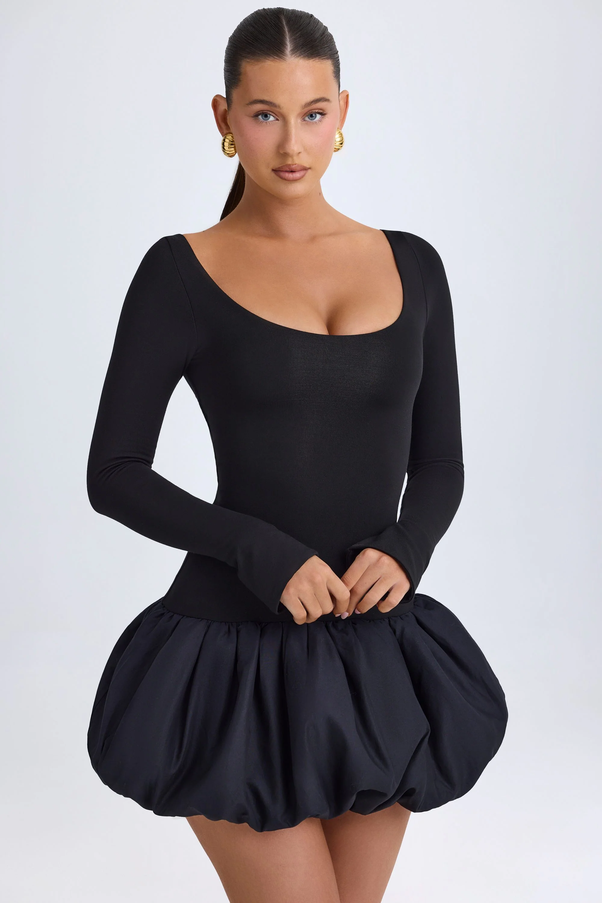 Scoop-Neck Drop-Waist Bubble Hem Mini Dress in Black - TREBLEV