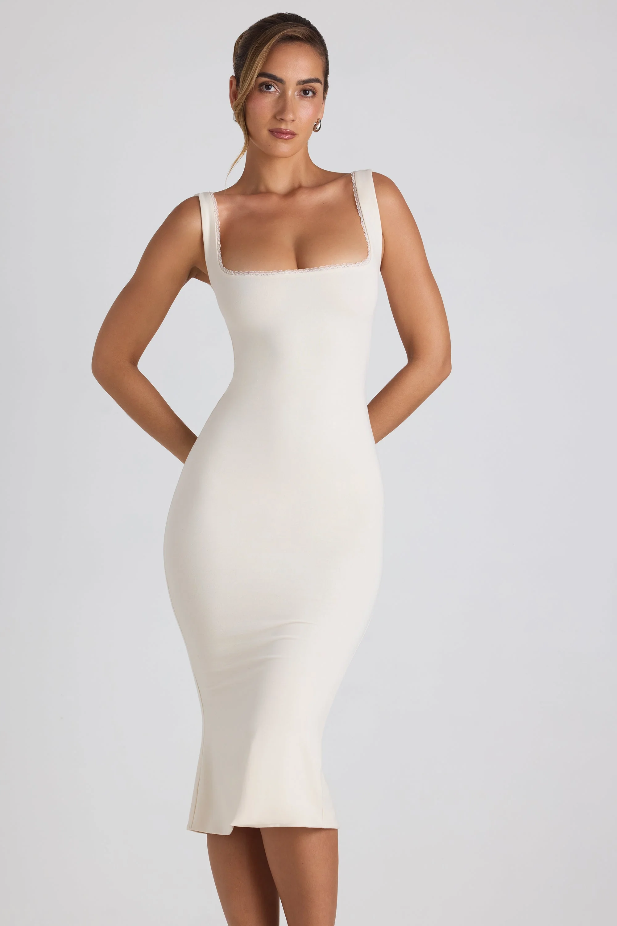 Modal Lace-Trim Midaxi Dress in Ivory - TREBLEV