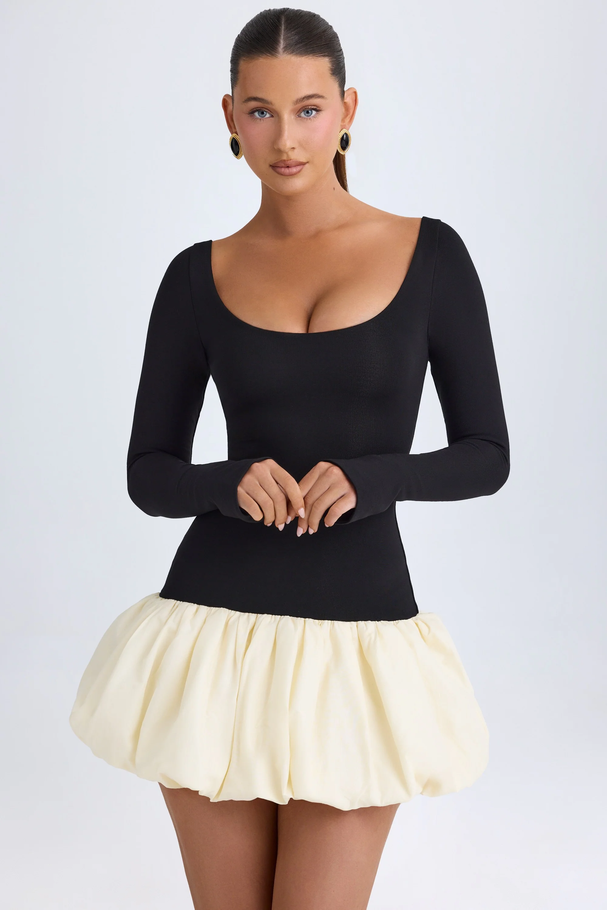 Scoop-Neck Drop-Waist Bubble Hem Mini Dress in Vanilla - TREBLEV