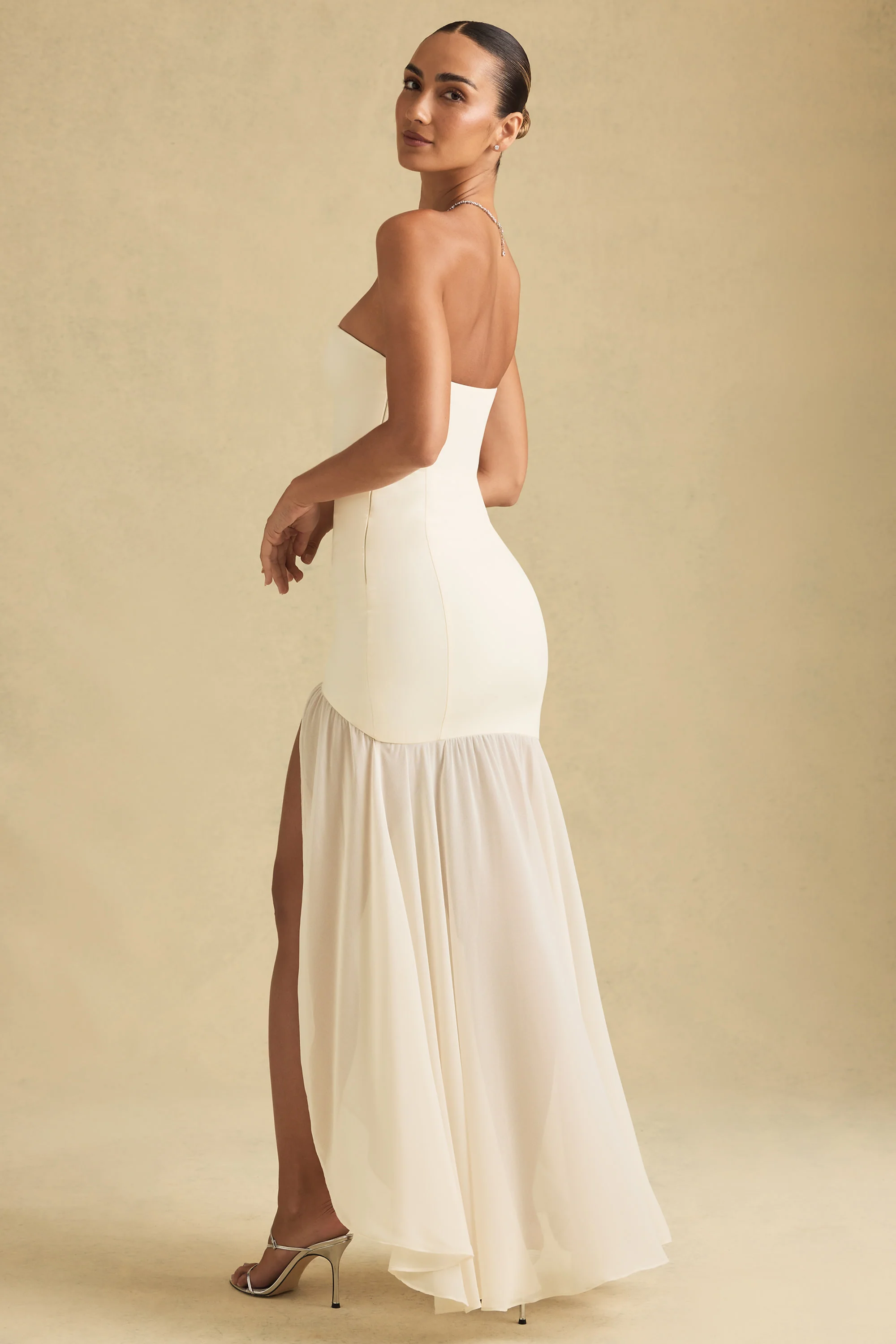 Asymmetric Strapless Fishtail Maxi Dress in Ivory - TREBLEV