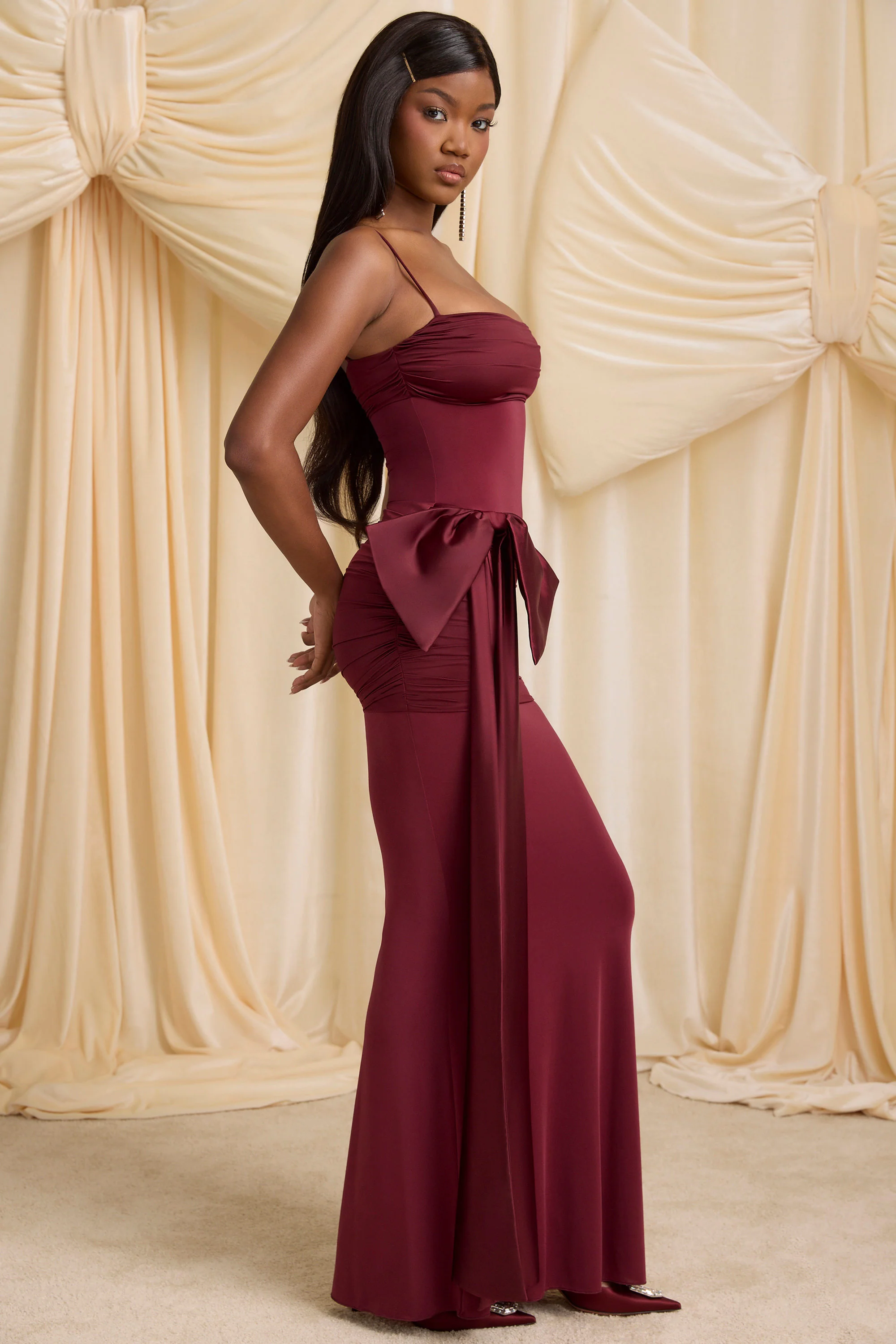 Bow-Detail Ruched Maxi Dress in Wine Red - TREBLEV