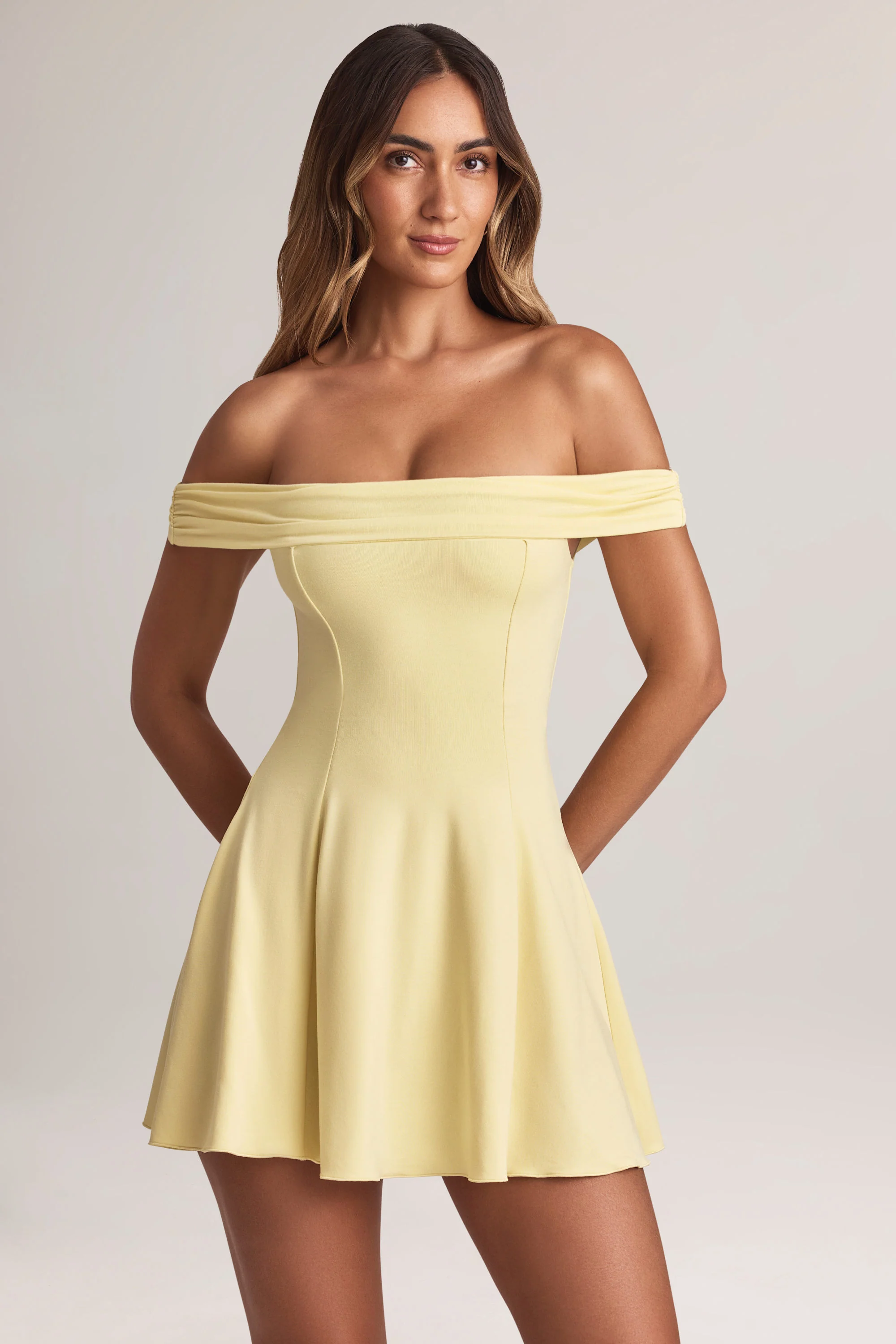 Modal Off-Shoulder A-Line Mini Dress in Lemon Sherbet - TREBLEV