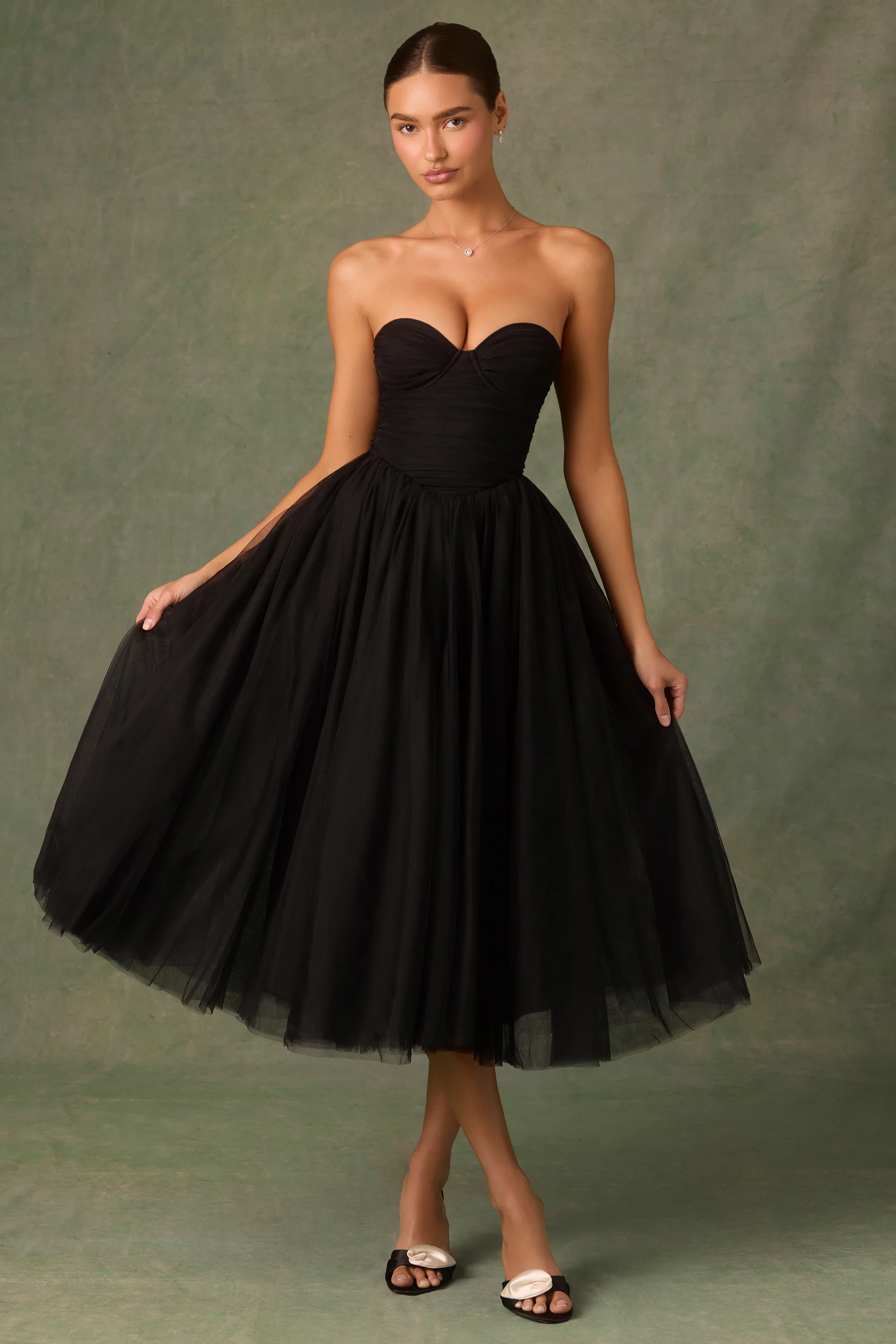 Tulle Corset Midaxi Dress in Black - TREBLEV