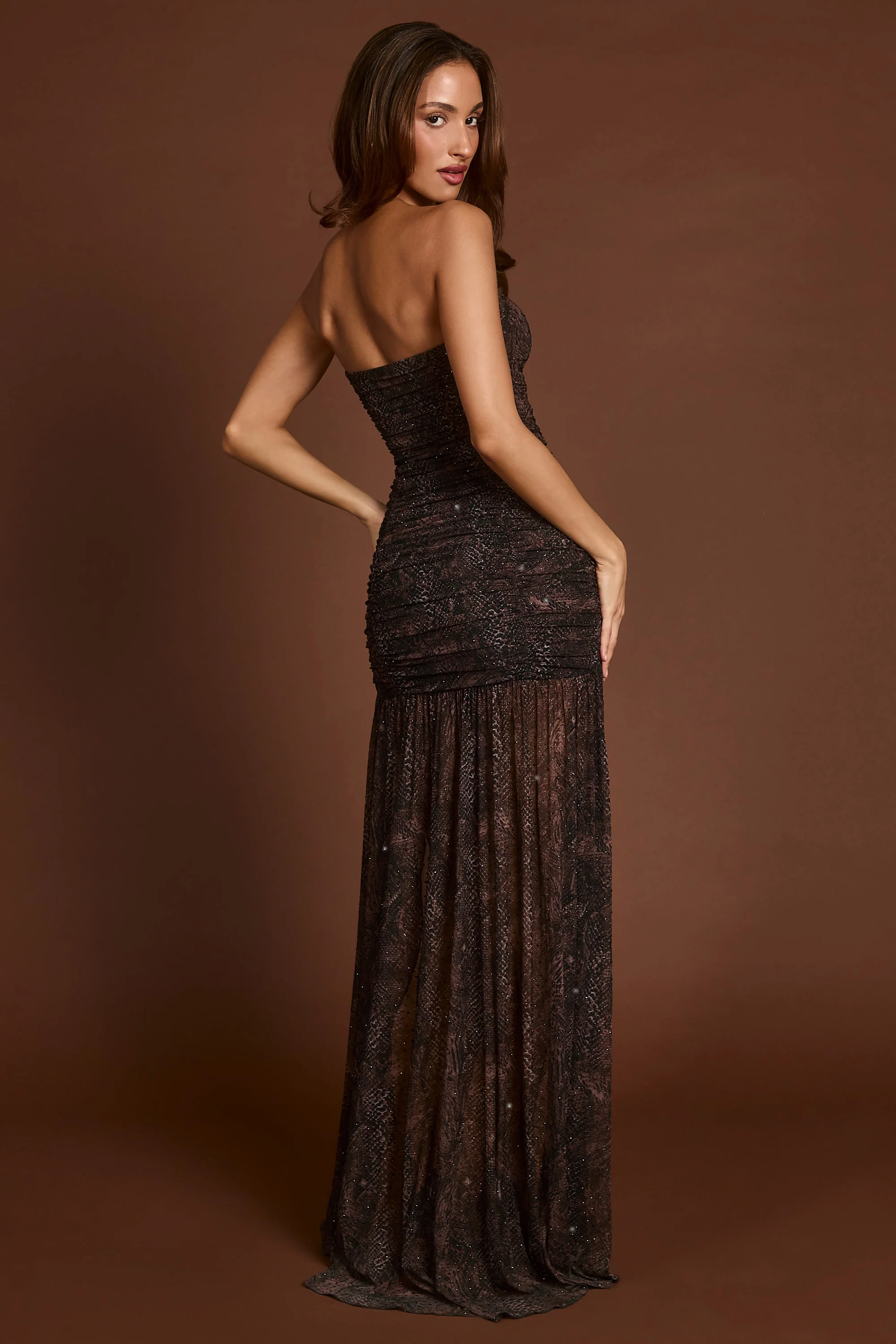 Embellished Bandeau Gathered Maxi Dress in Snake Hotfix - TREBLEV