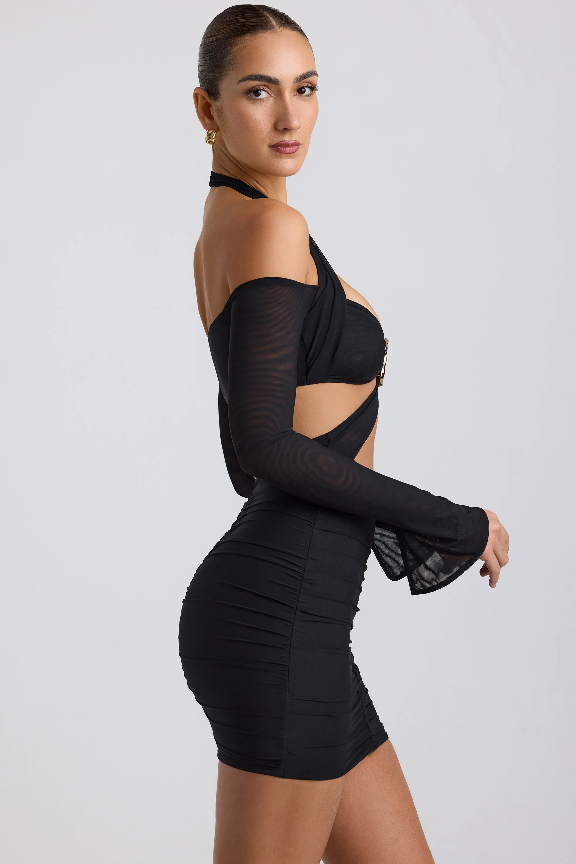 Off-Shoulder Ruched Cut-Out Mini Dress in Black - TREBLEV