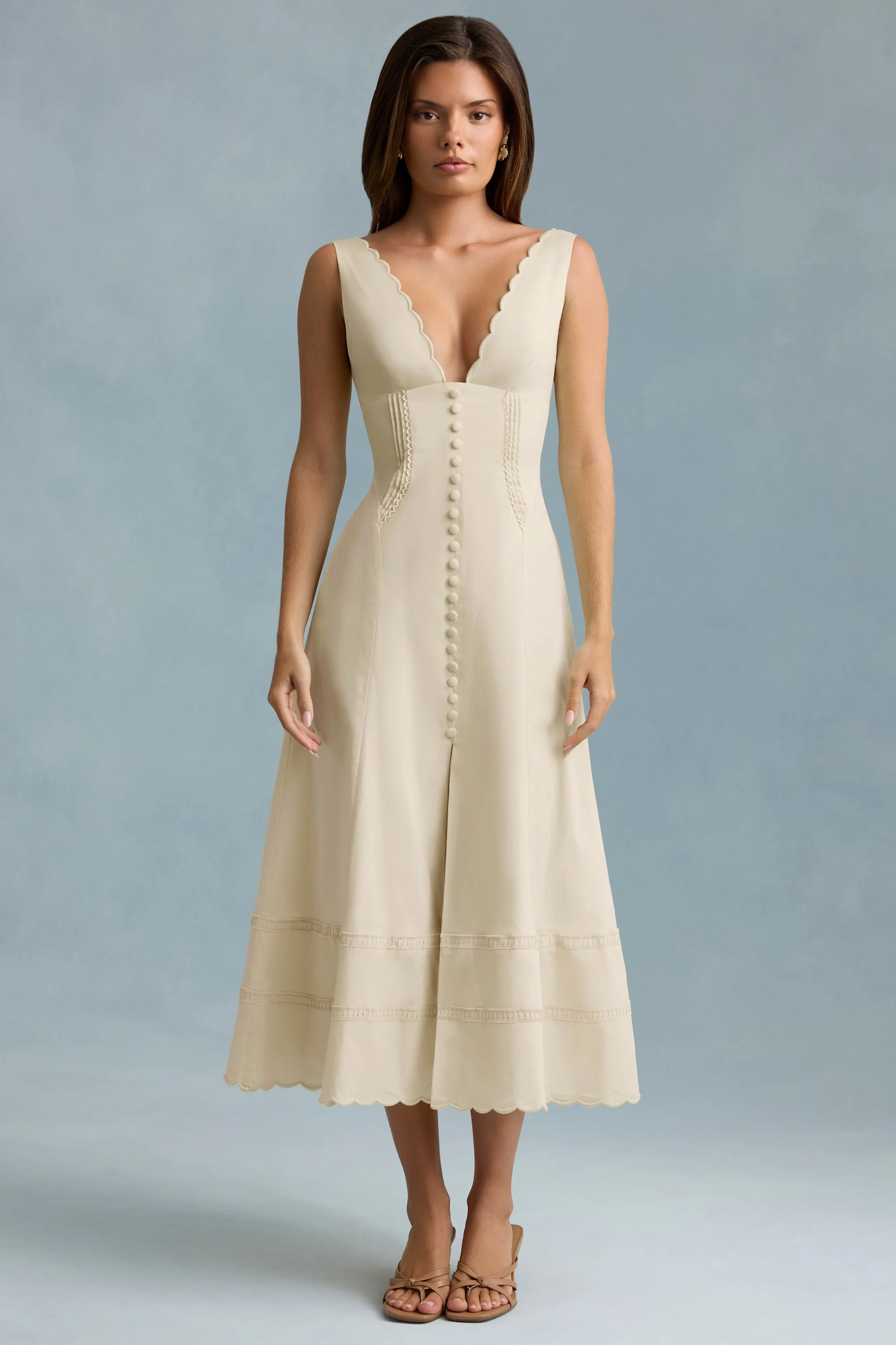 Cotton-Poplin A-Line Midaxi Dress in Ivory - TREBLEV