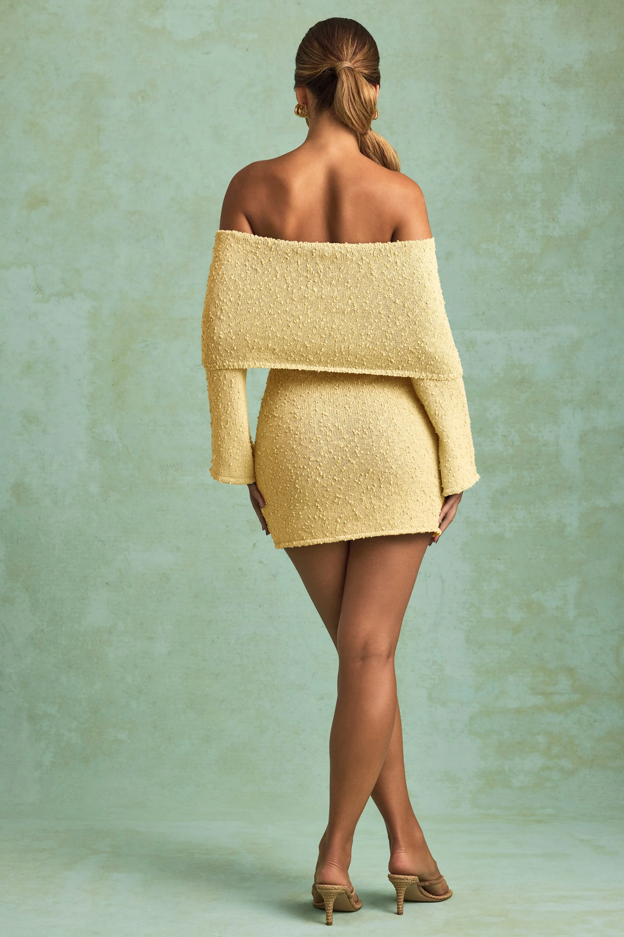 Bouclé Off-Shoulder Mini Dress in Yellow - TREBLEV