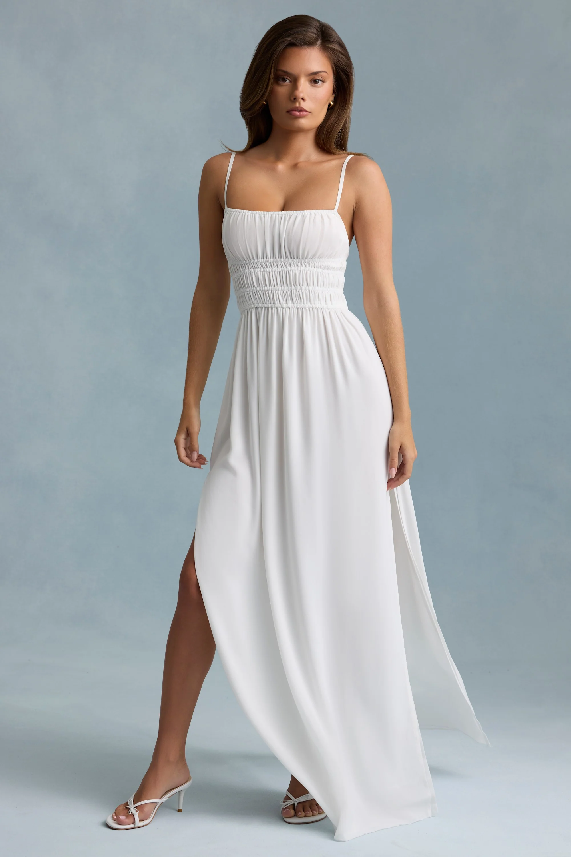 Shirred Camisole Maxi Dress in White - TREBLEV