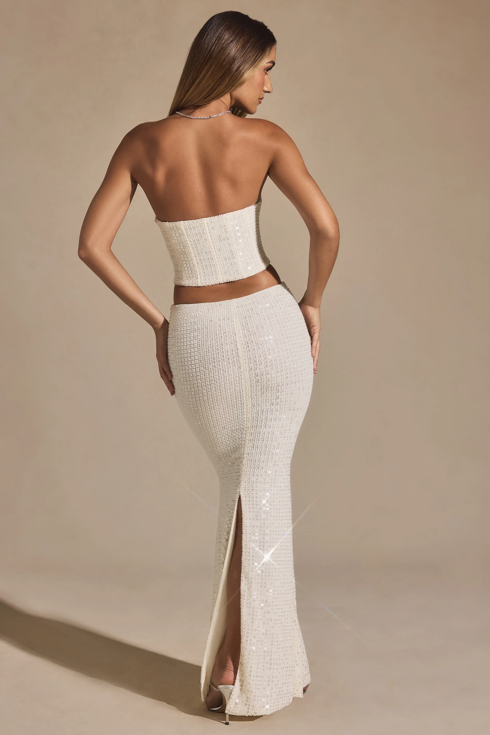 Embellished Cut-Out Draped Corset Gown in White - TREBLEV