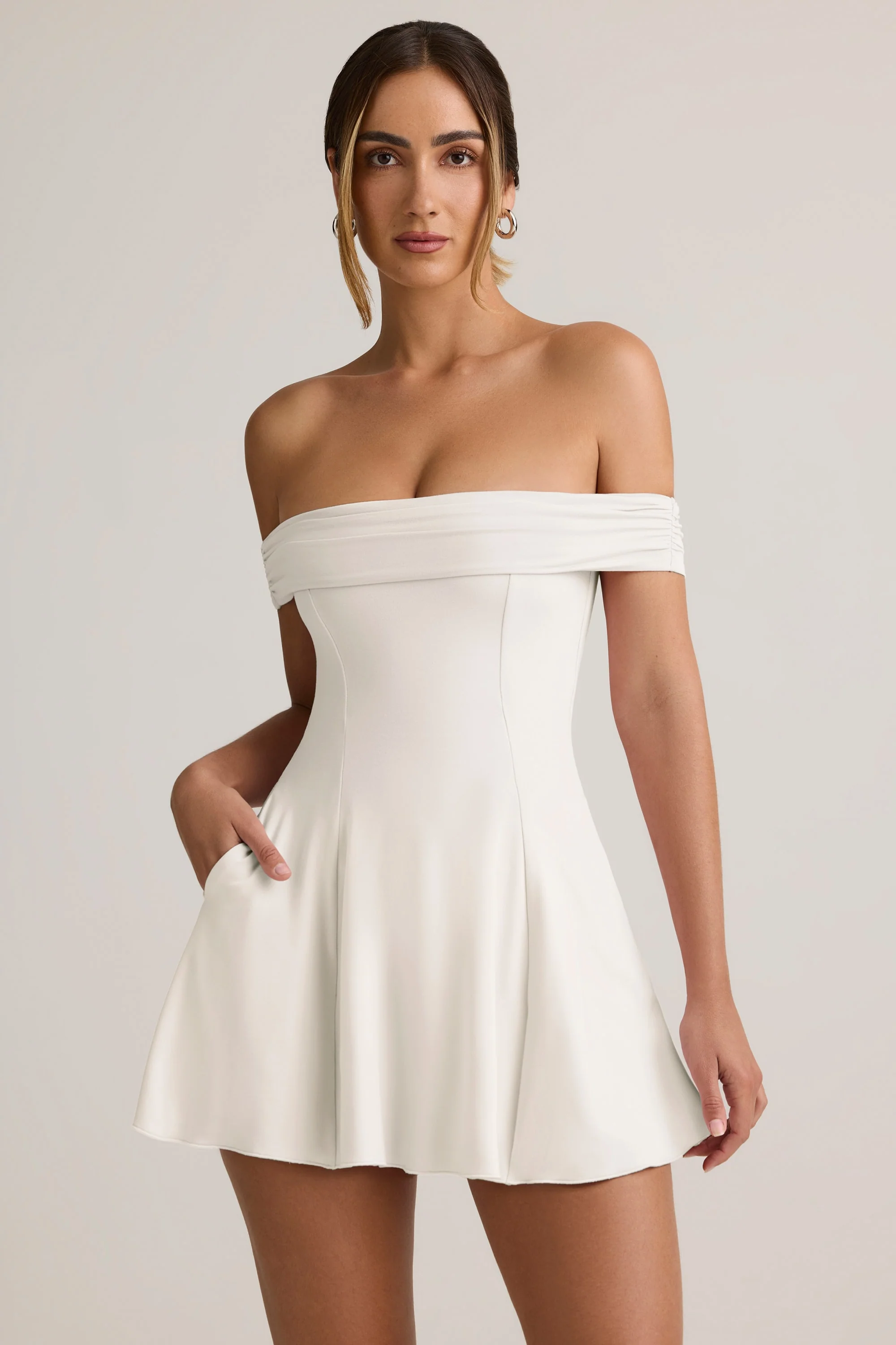 Modal Off-Shoulder A-Line Mini Dress in White - TREBLEV