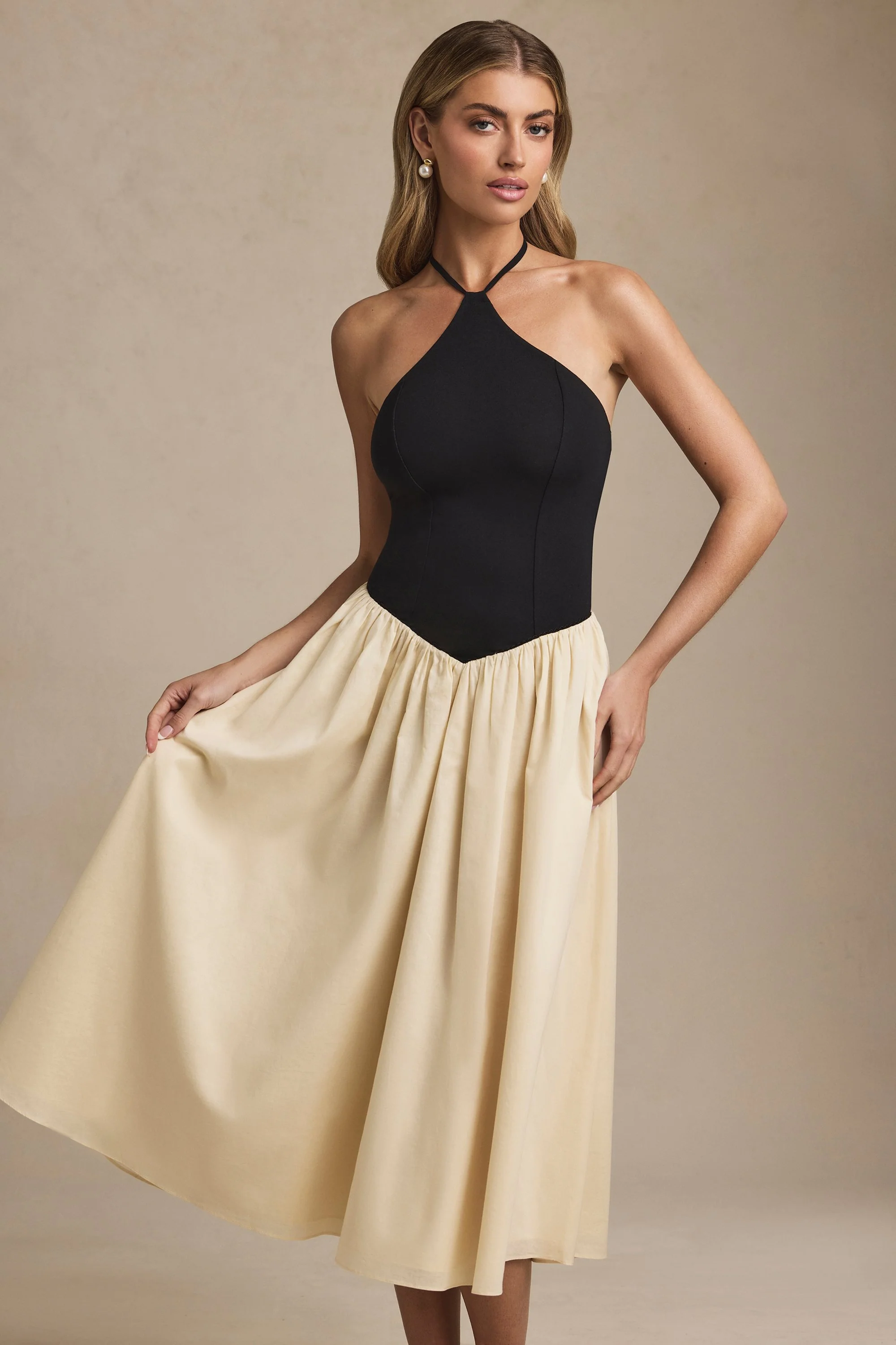 Halterneck A-Line Midaxi Dress in Black - TREBLEV