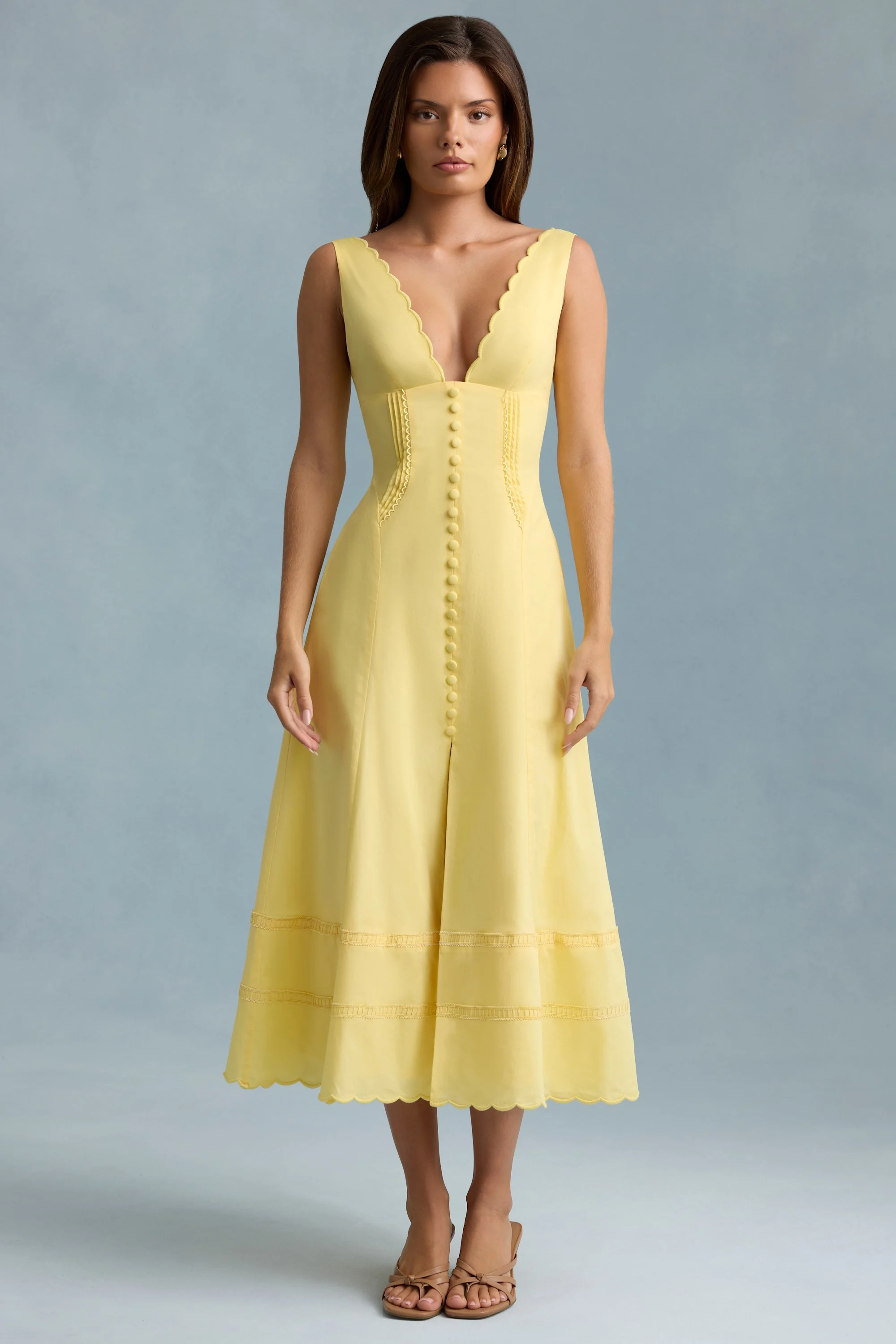 Cotton-Poplin A-Line Midaxi Dress in Pastel Yellow - TREBLEV