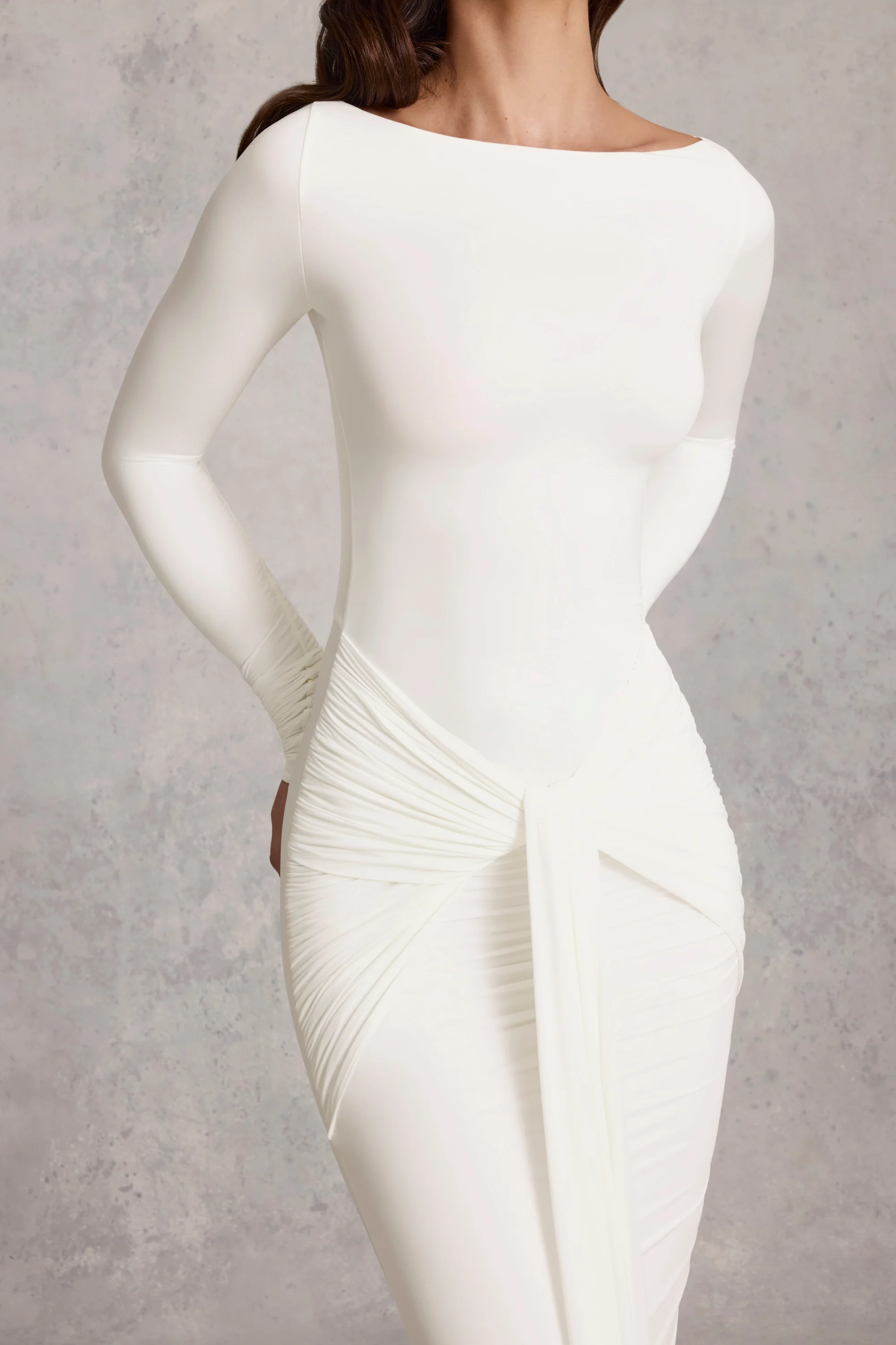 Draped Ruched Maxi Dress in White - TREBLEV