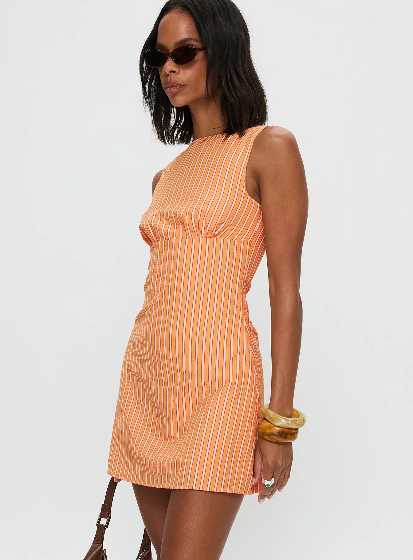 Ellesandra Boat Neck Mini Dress Orange Stripe - TREBLEV