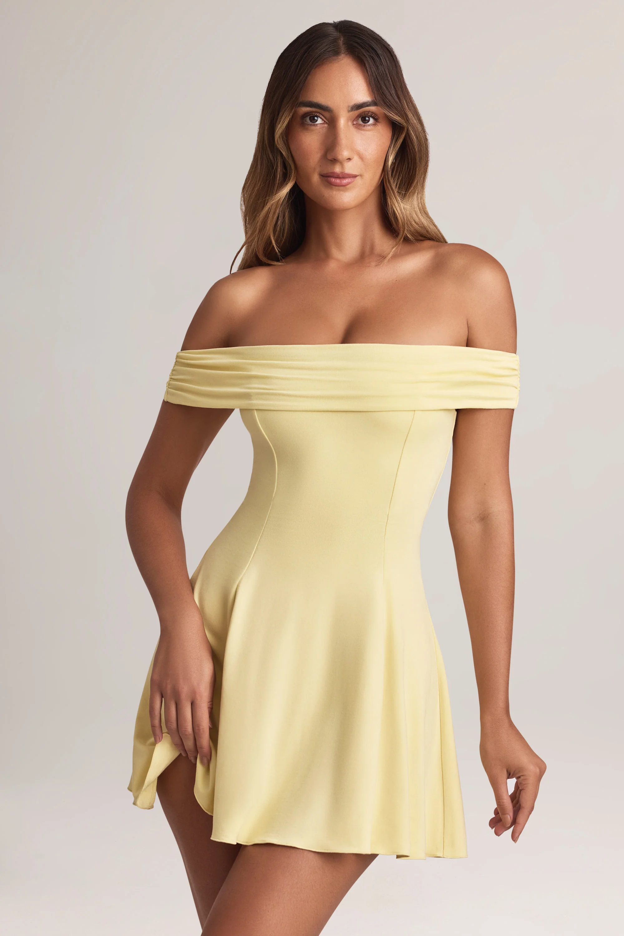 Modal Off-Shoulder A-Line Mini Dress in Lemon Sherbet - TREBLEV