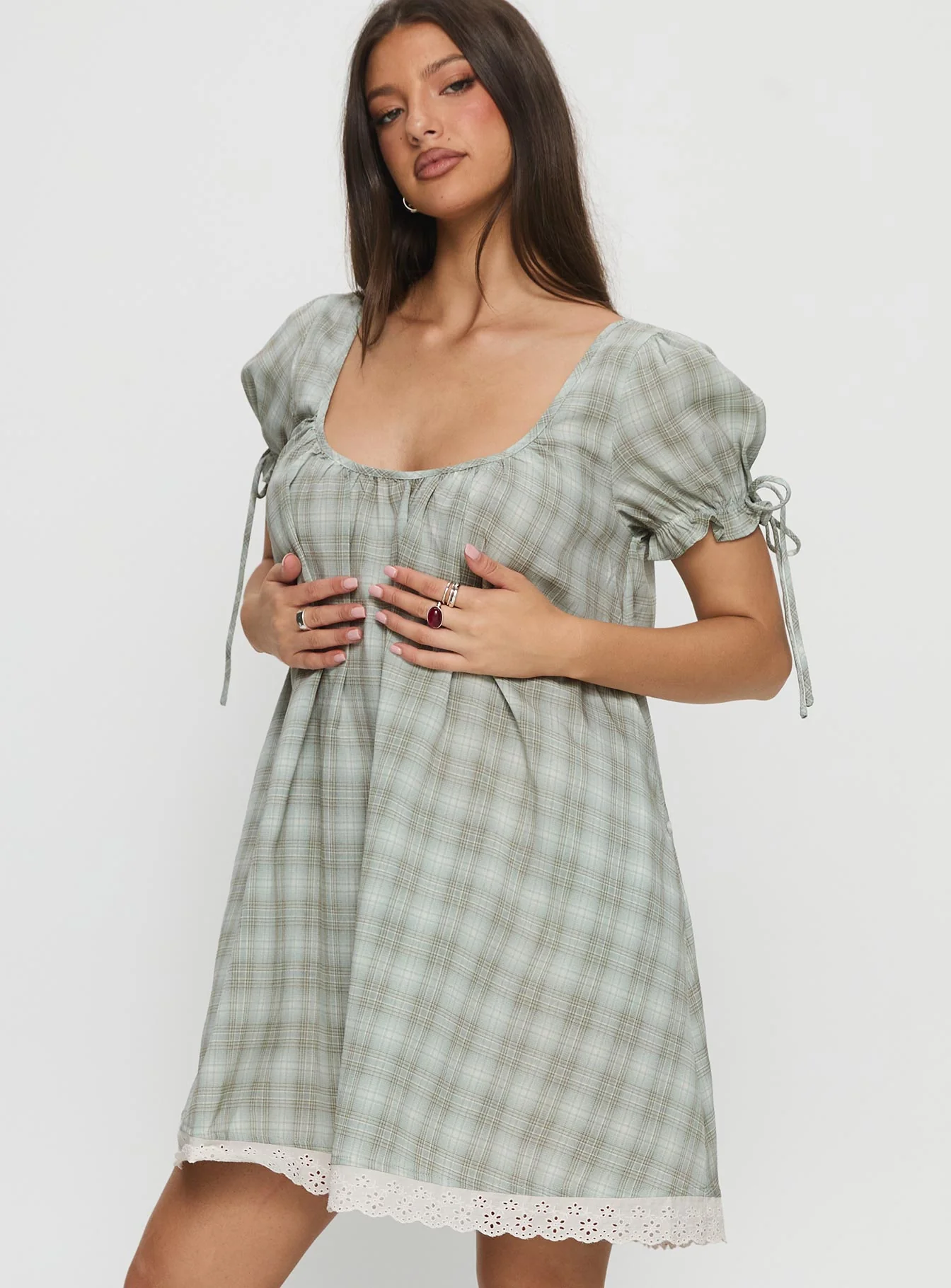 Embracing Puff Sleeve Swing Mini Dress Blue Check - TREBLEV