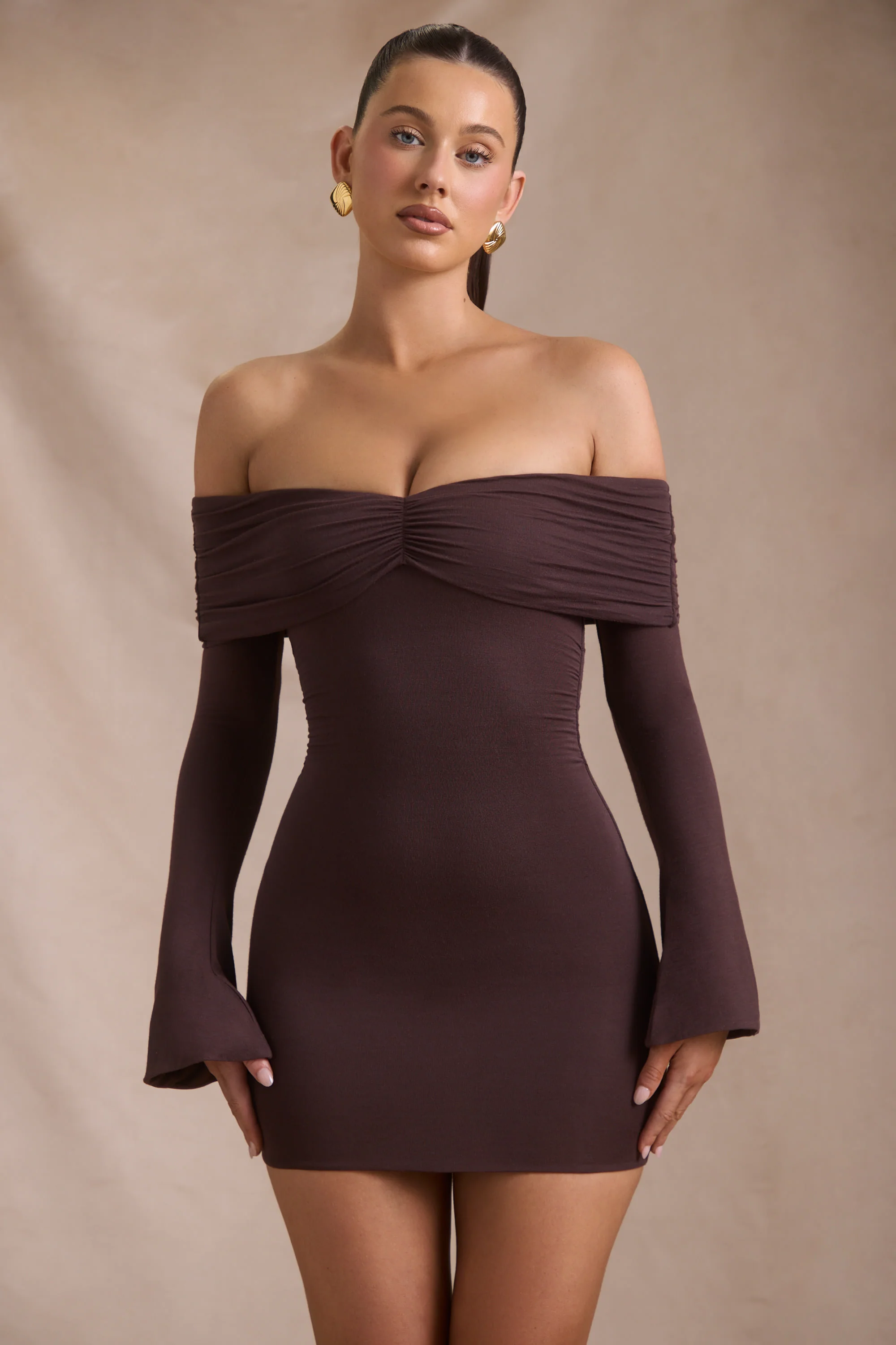 Modal-Cashmere Blend Off-Shoulder Ruched Mini Dress in Espresso - TREBLEV