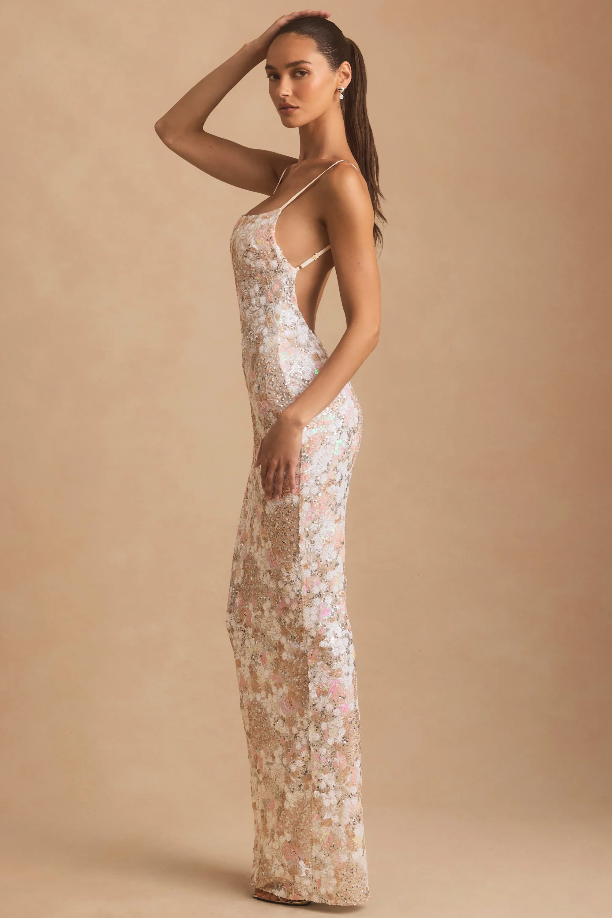 Embellished Scoop-Neck Backless Maxi Dress in Ivory - TREBLEV