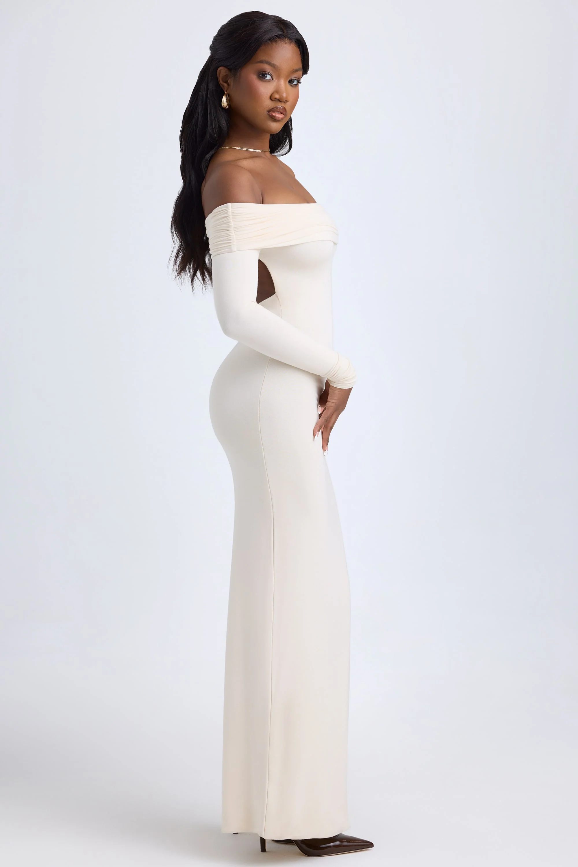 Modal Off-Shoulder Open-Back Maxi Dress in Ivory - TREBLEV