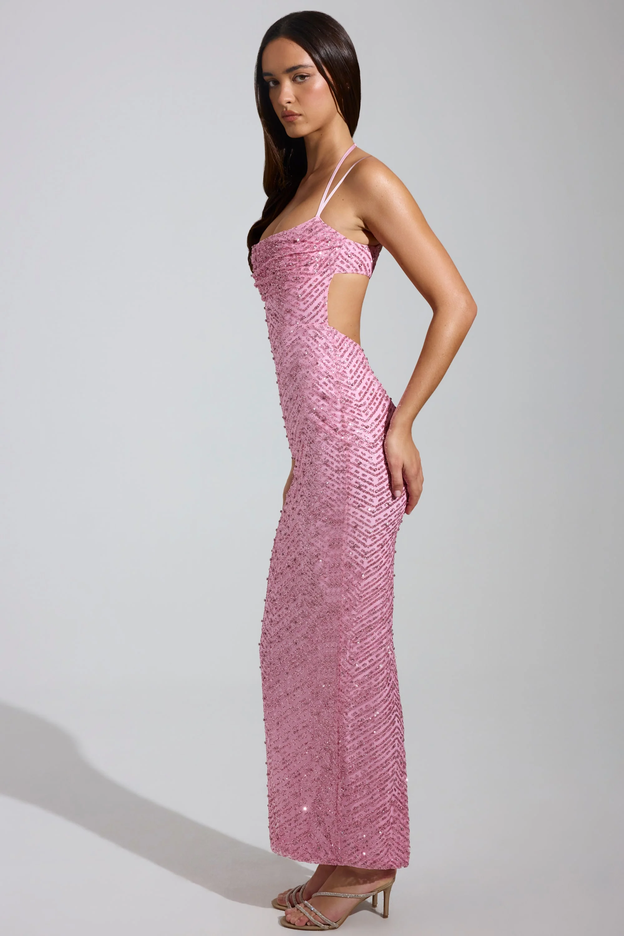 Embellished Cowl-Neck Maxi Dress in Pink - TREBLEV