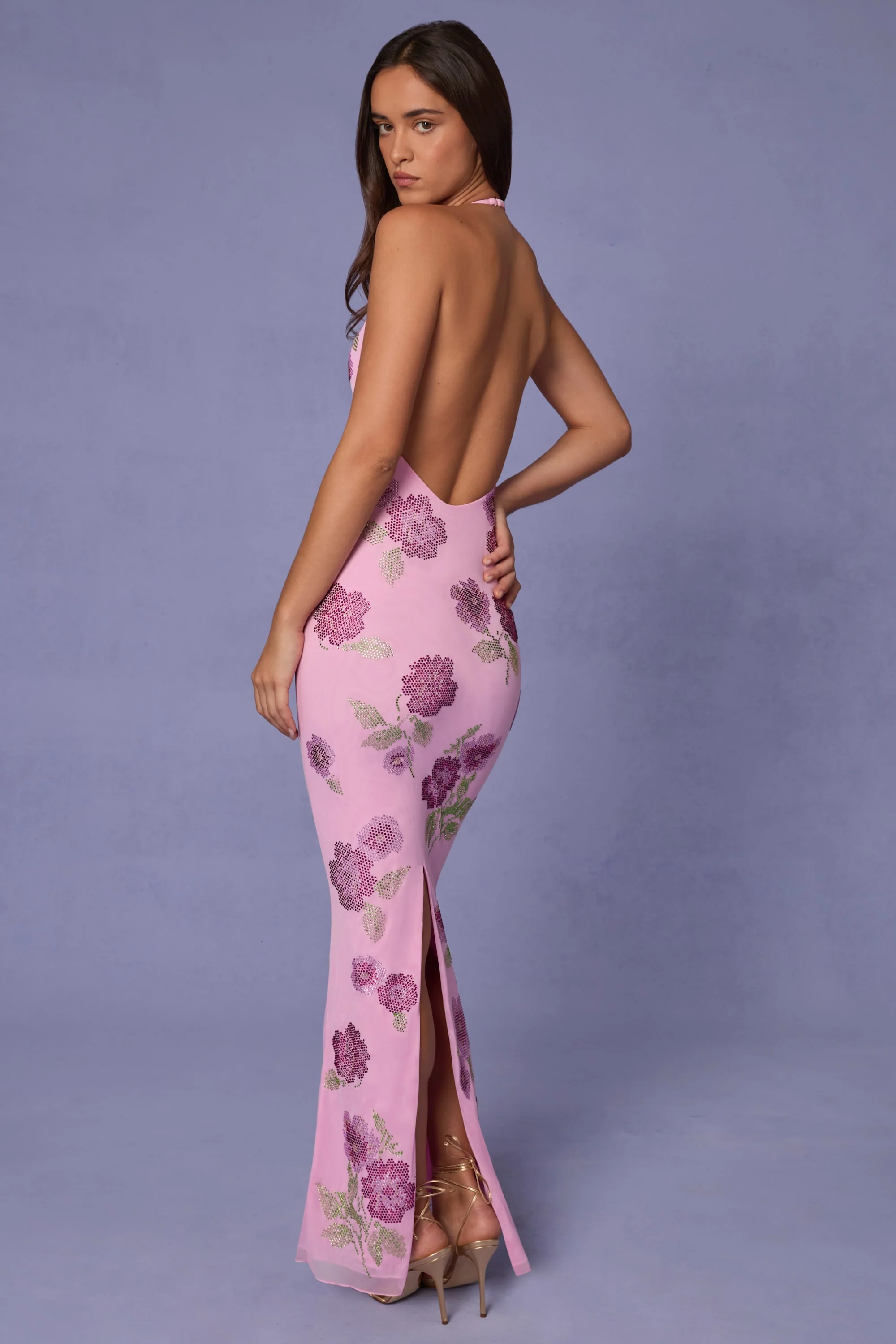 Embellished Halterneck Maxi Dress in Soft Pink - TREBLEV