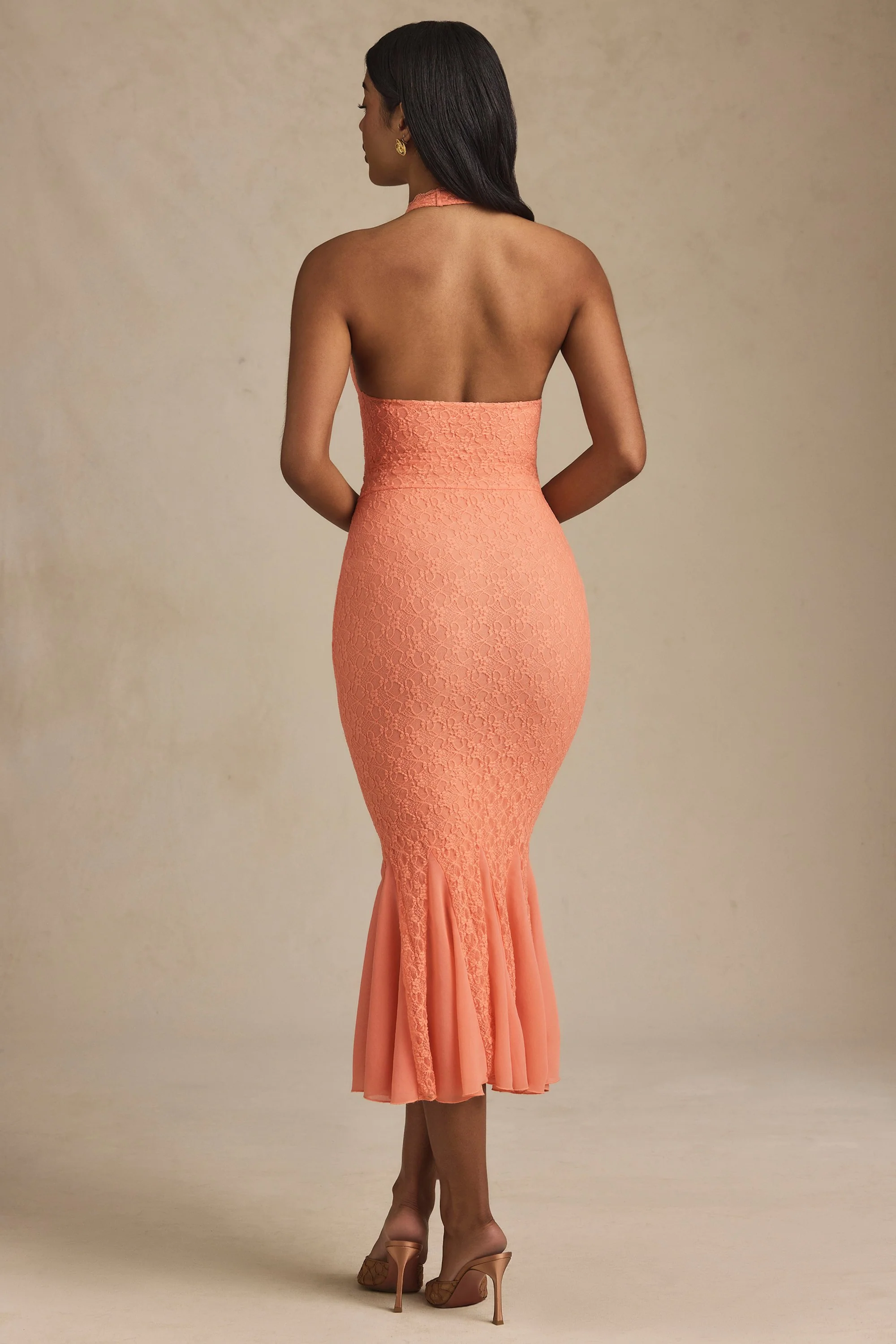 Halterneck Corset Lace Midaxi Dress in Peach - TREBLEV