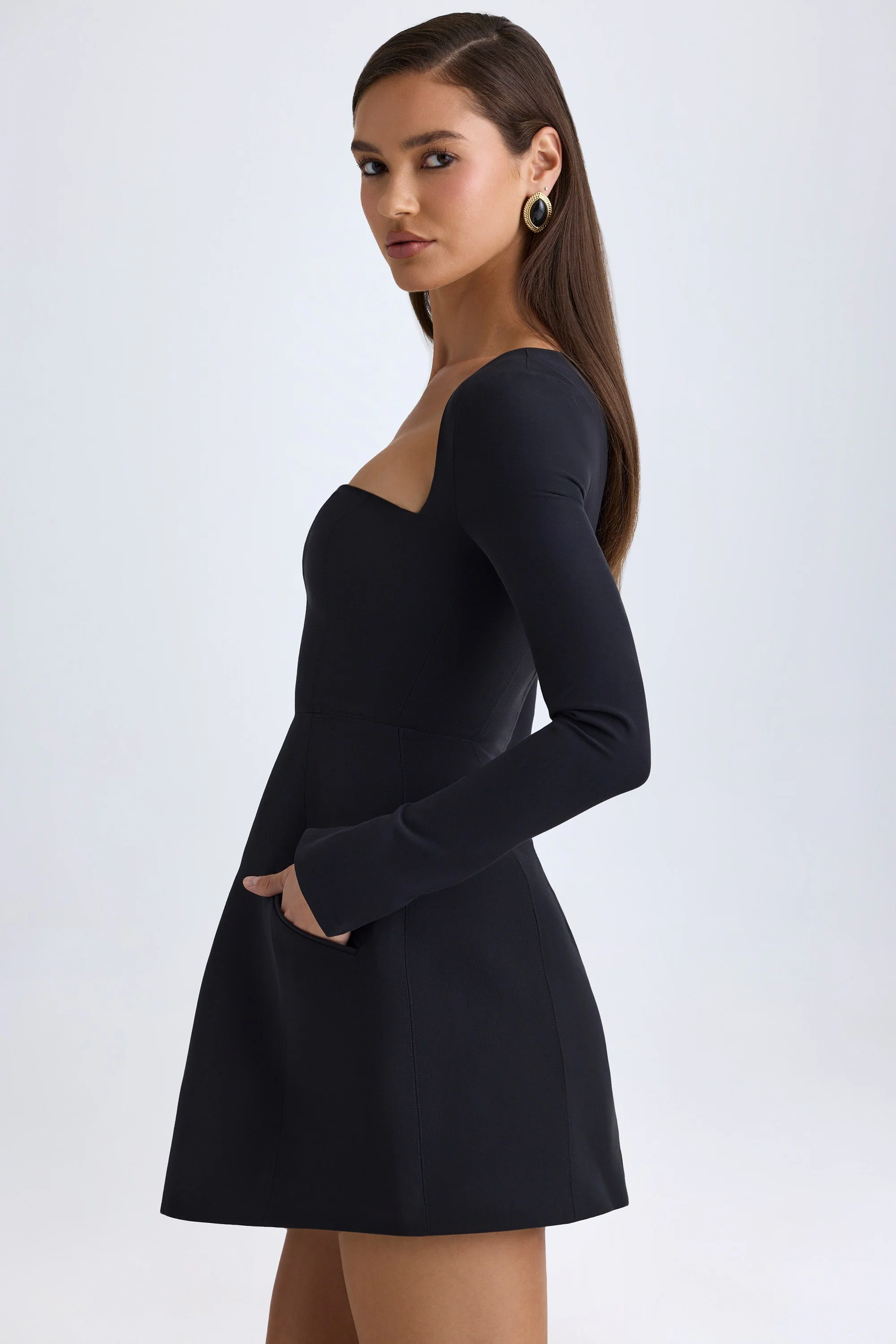 Square-Neck Structured Tulip Mini Dress in Black - TREBLEV