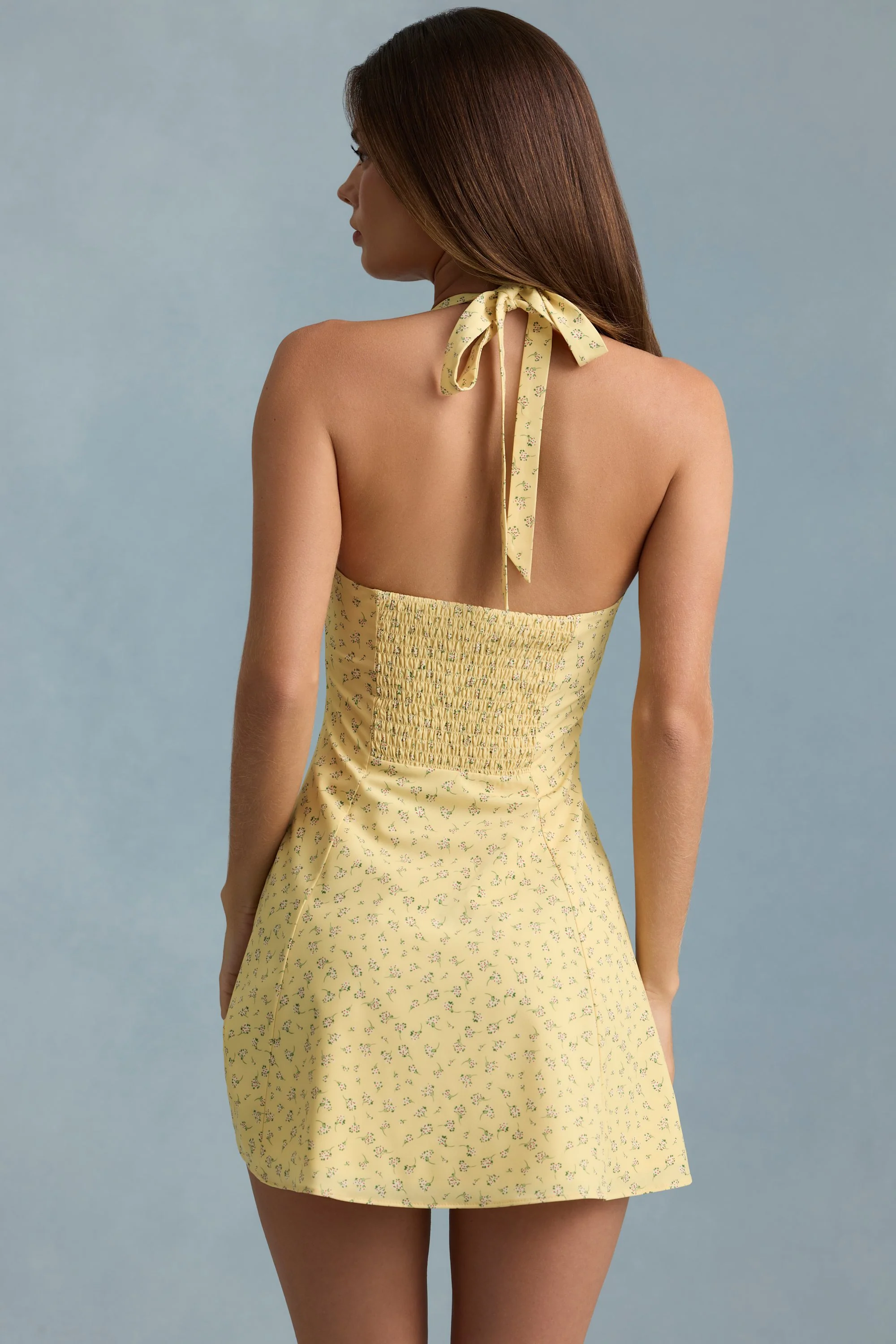 Halterneck A-Line Mini Dress in Yellow Flower Print - TREBLEV