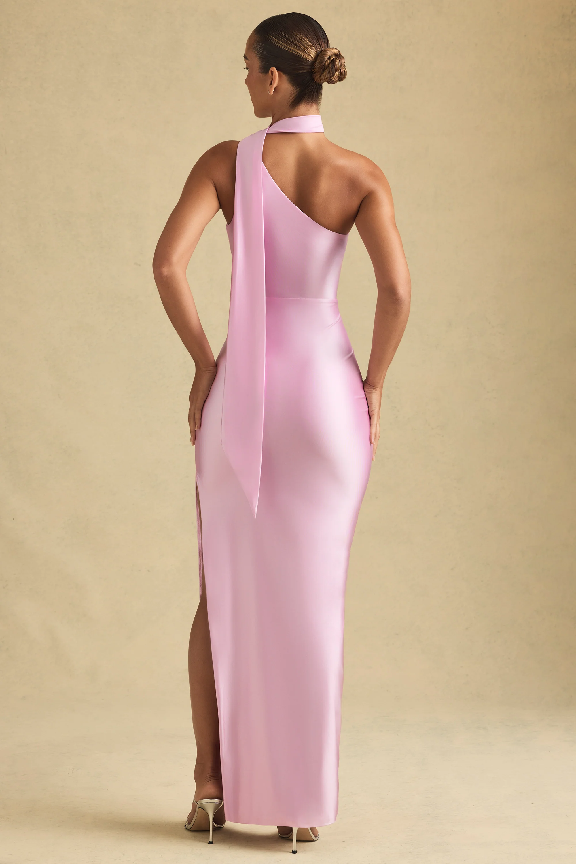 Asymmetric Scarf-Detail Maxi Dress in Soft Pink - TREBLEV