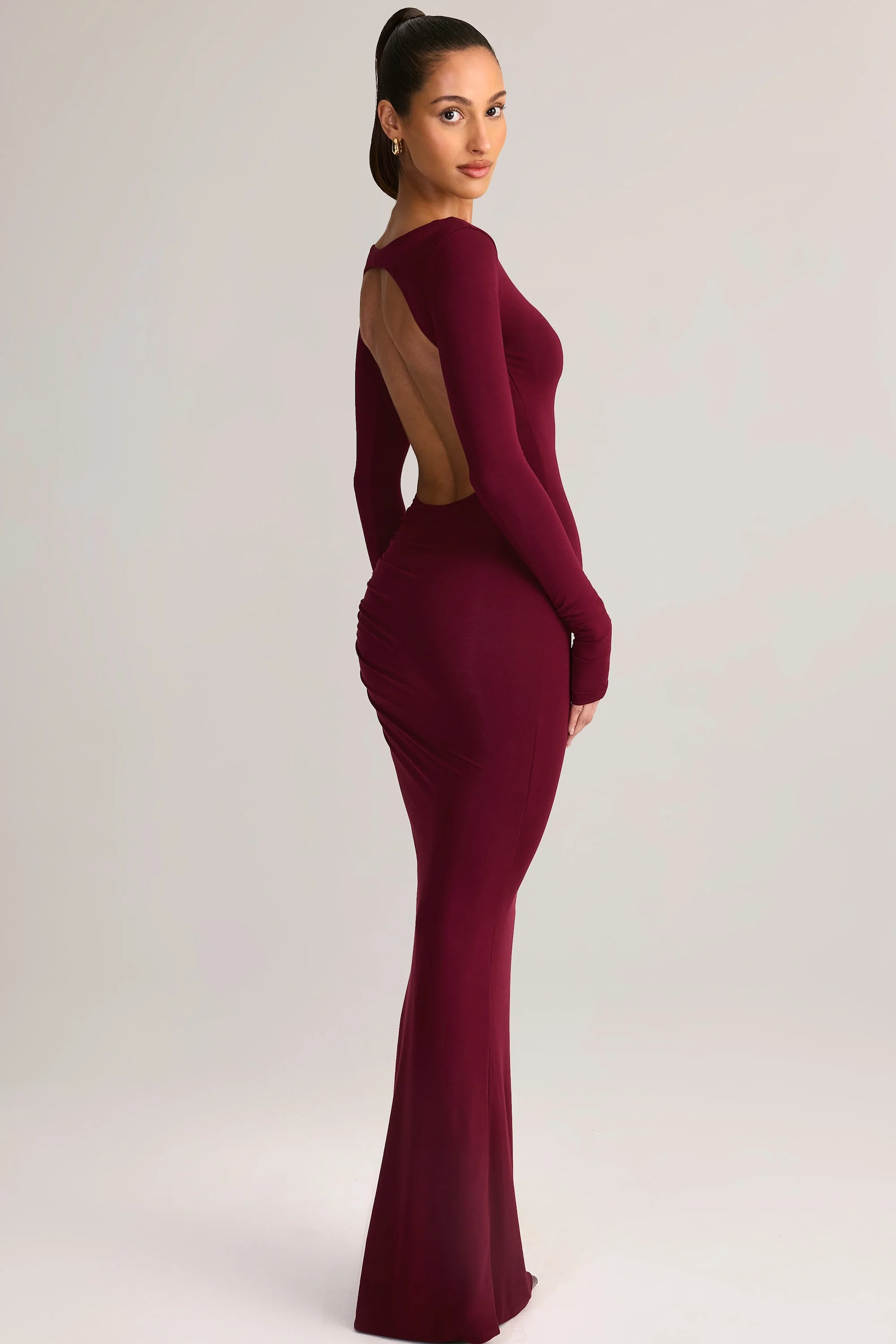 Modal Ruched Backless Maxi Dress in Wine - TREBLEV