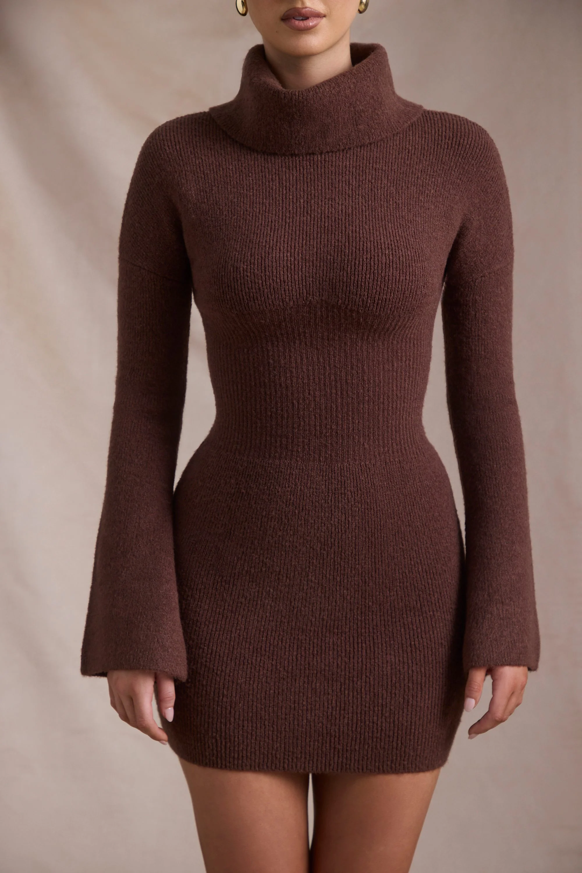 Ribbed-Knit Turtleneck Mini Jumper Dress in Espresso - TREBLEV