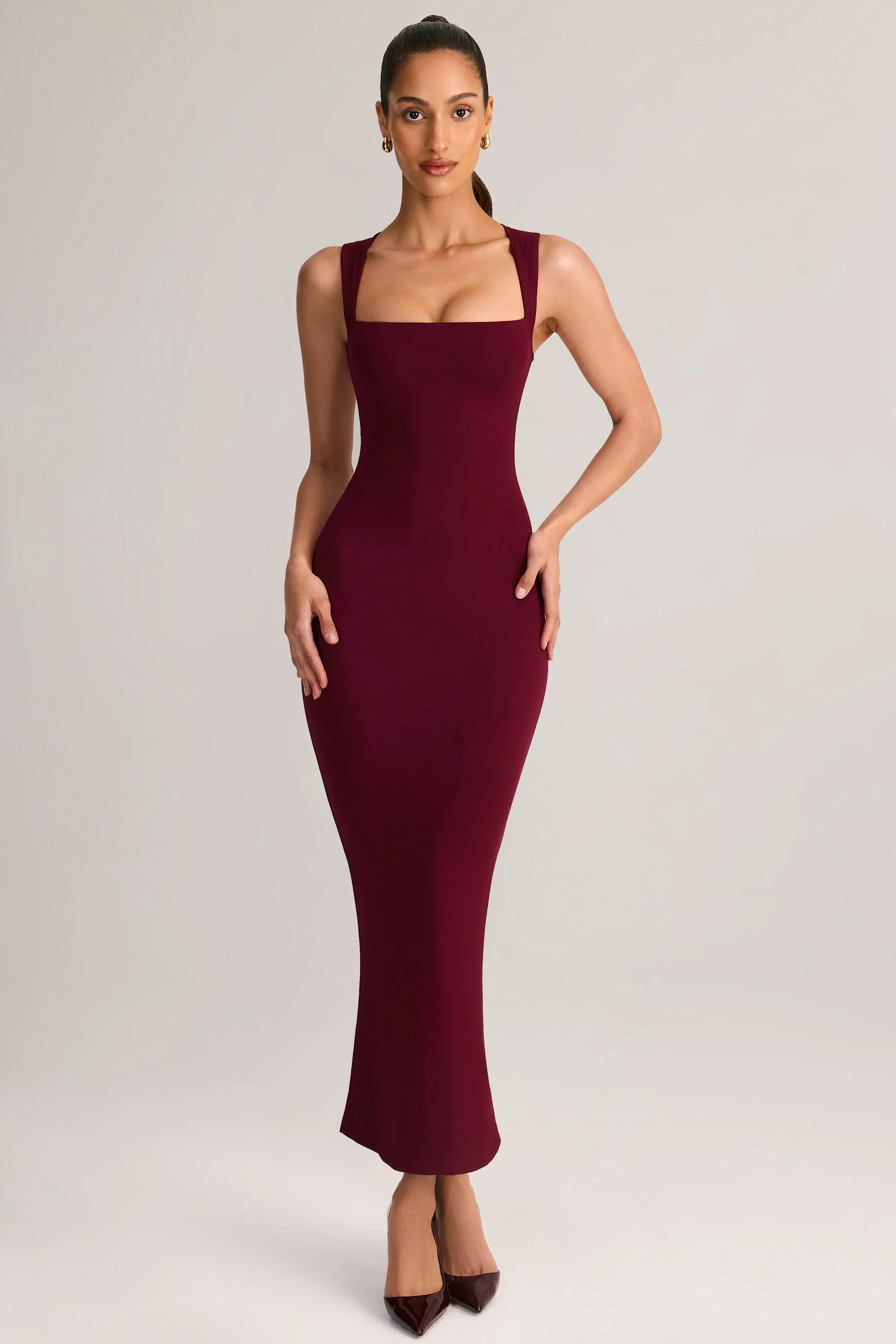 Modal Square-Neck Midi Dress in Wine - TREBLEV
