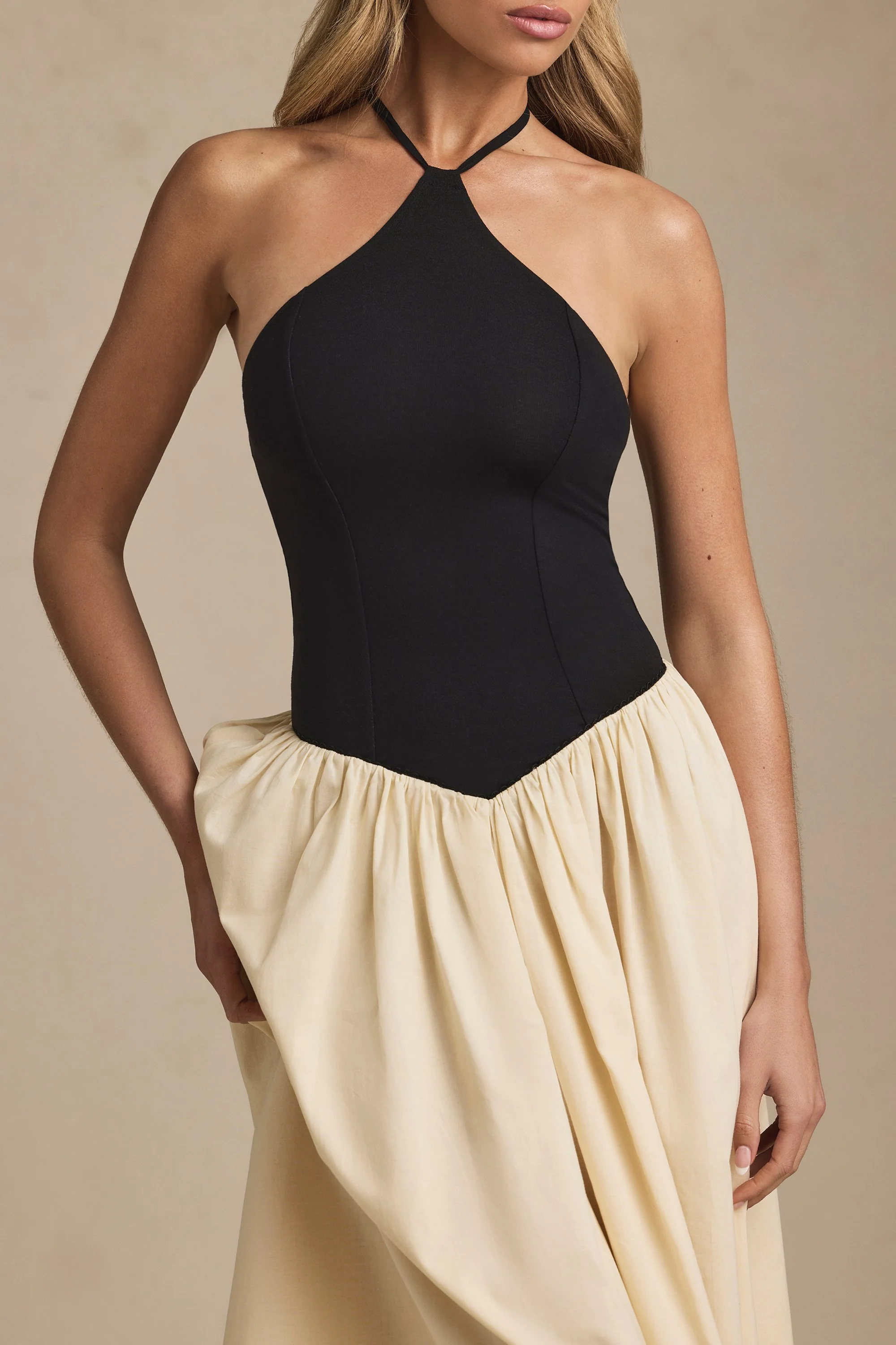 Halterneck A-Line Midaxi Dress in Black - TREBLEV