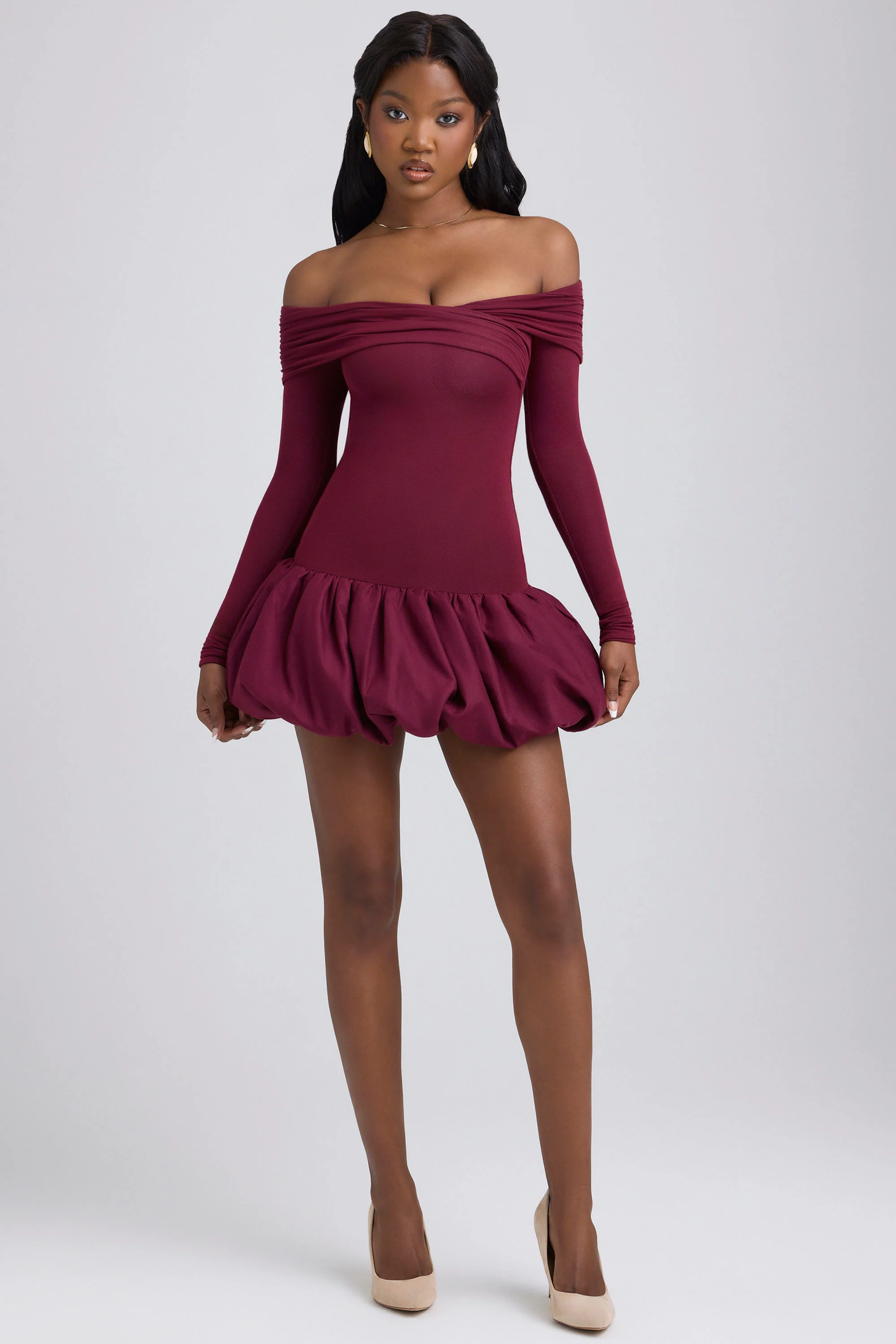 Modal Off-Shoulder Bubble Hem Mini Dress in Wine Red - TREBLEV