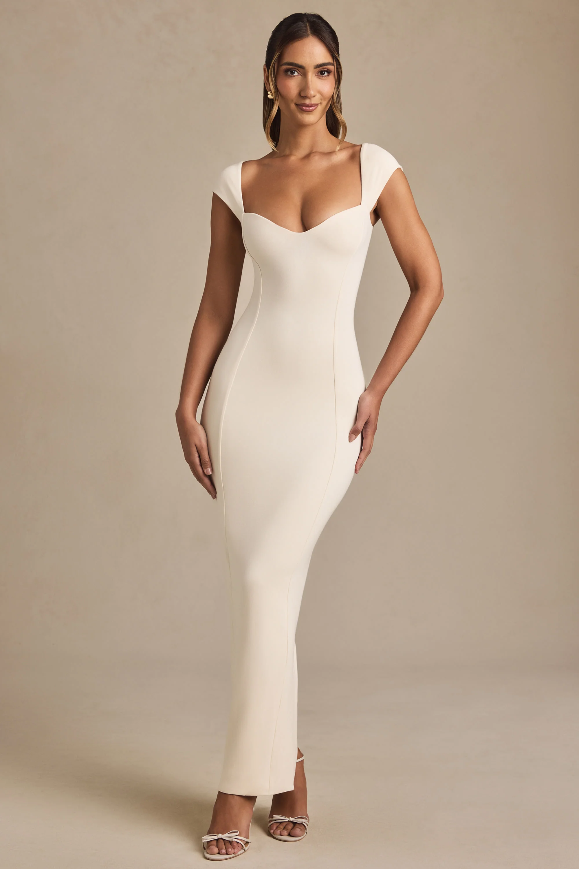 Modal Sweetheart-Neck Cap-Sleeve Midaxi Dress in Ivory - TREBLEV