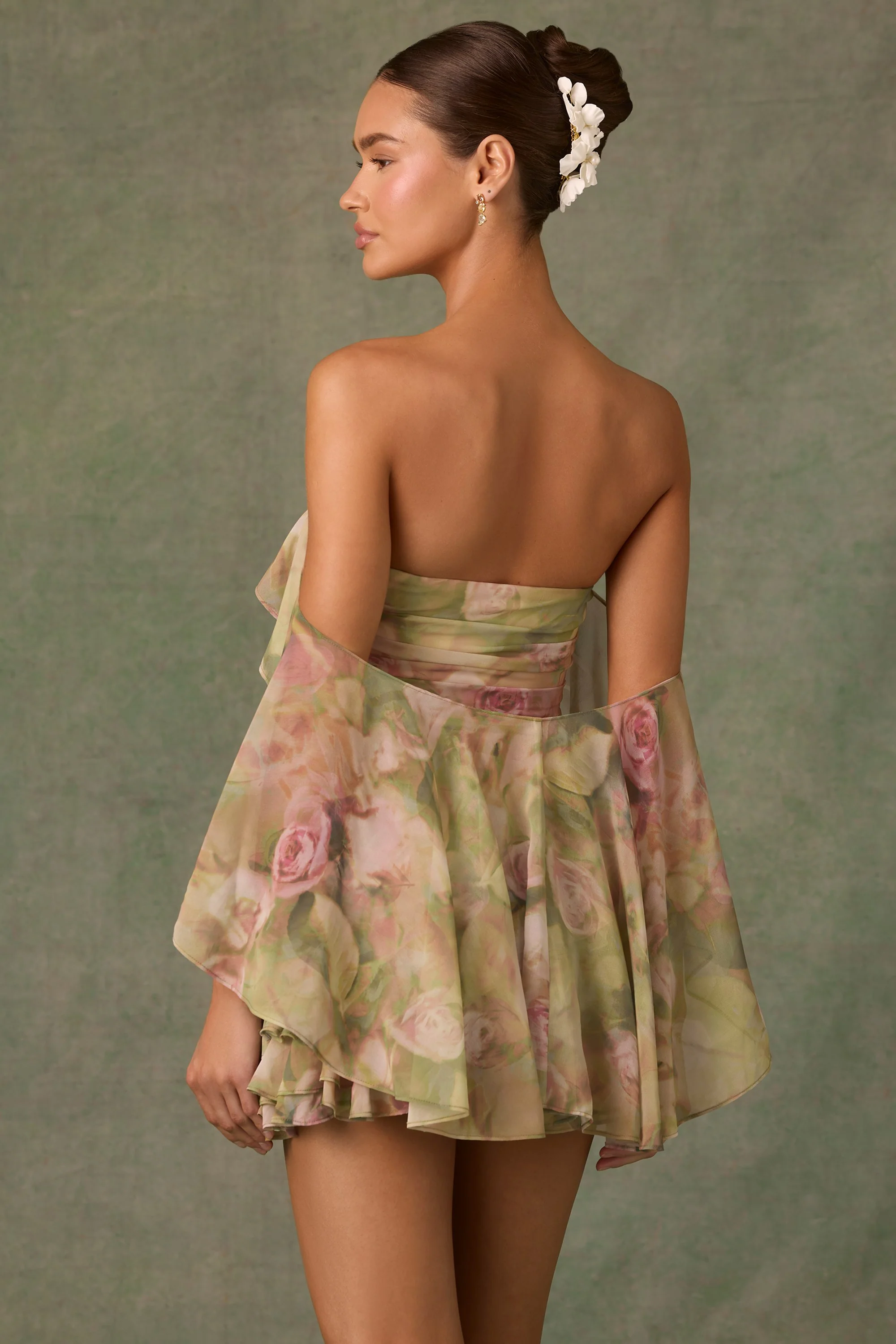 Off-Shoulder Ruffled Mini Dress in Floral Multi Print - TREBLEV