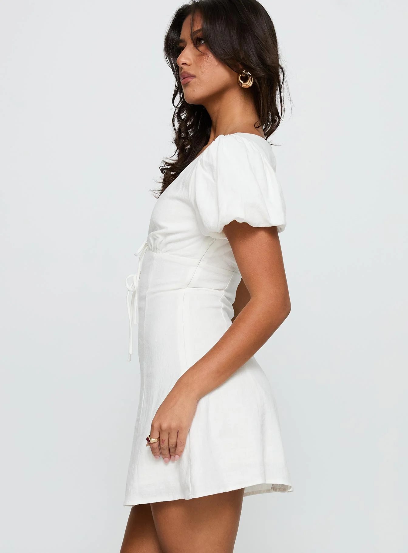 Beloved Puff Sleeve Linen Blend Mini Dress White - TREBLEV