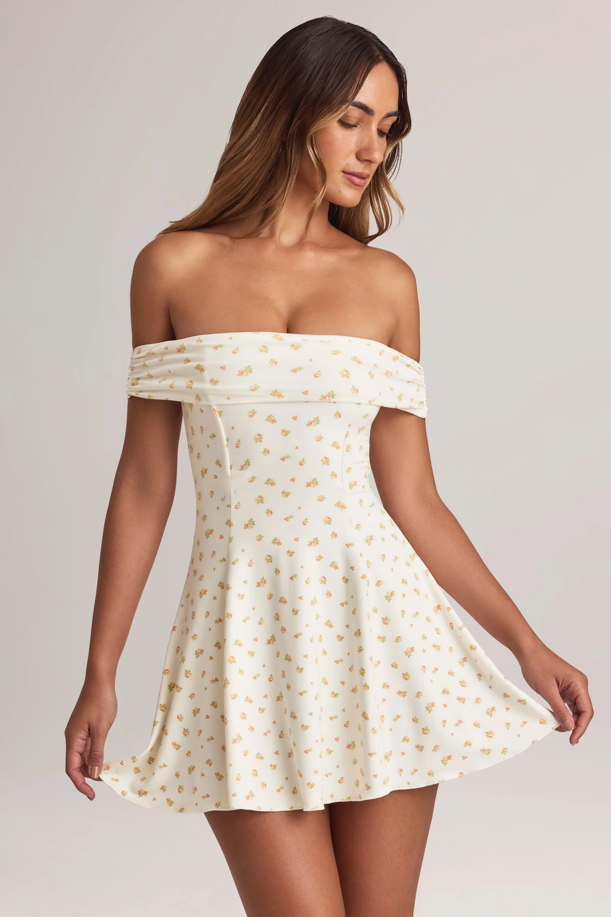 Modal Off-Shoulder A-Line Mini Dress in Floral Print - TREBLEV