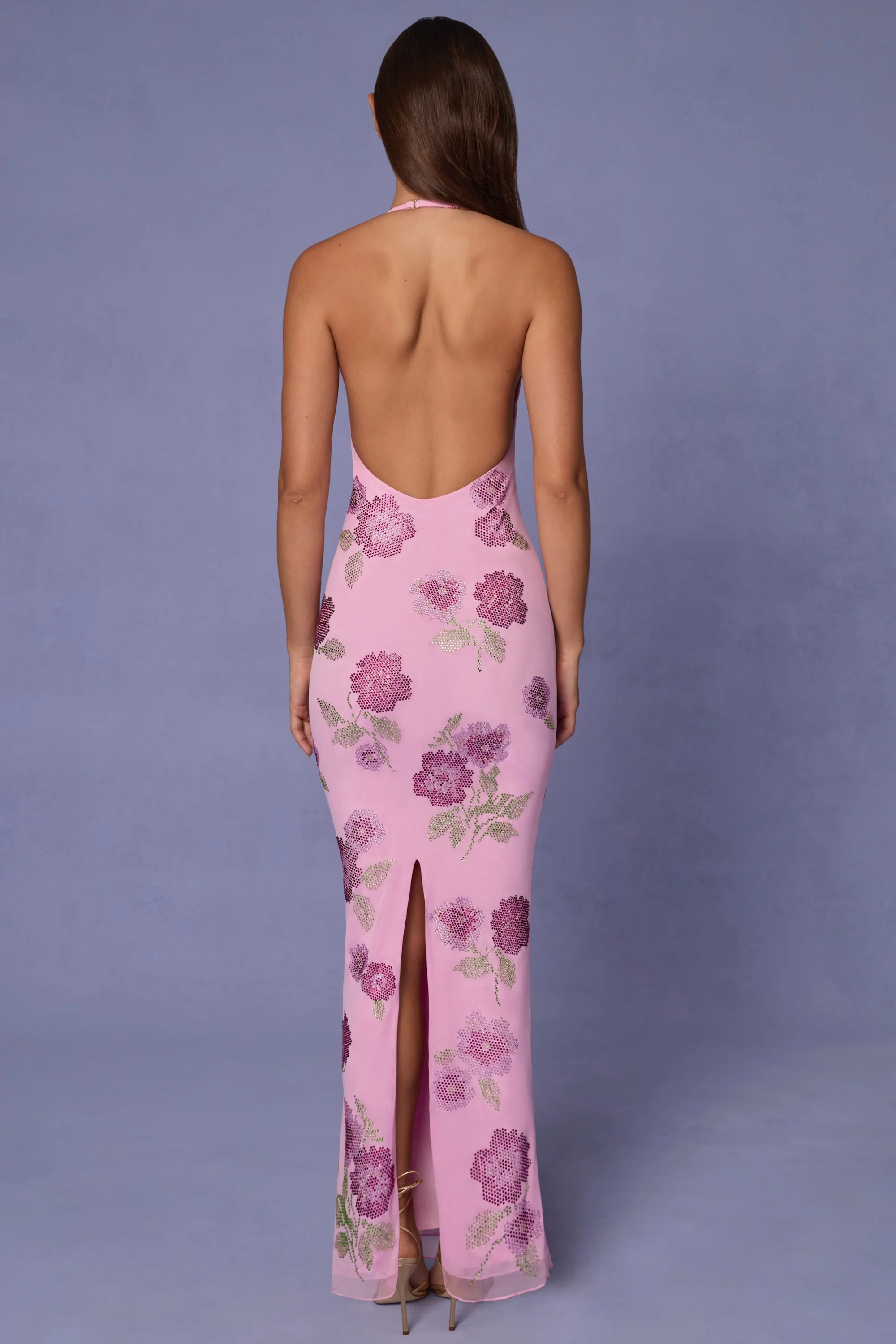 Embellished Halterneck Maxi Dress in Soft Pink - TREBLEV